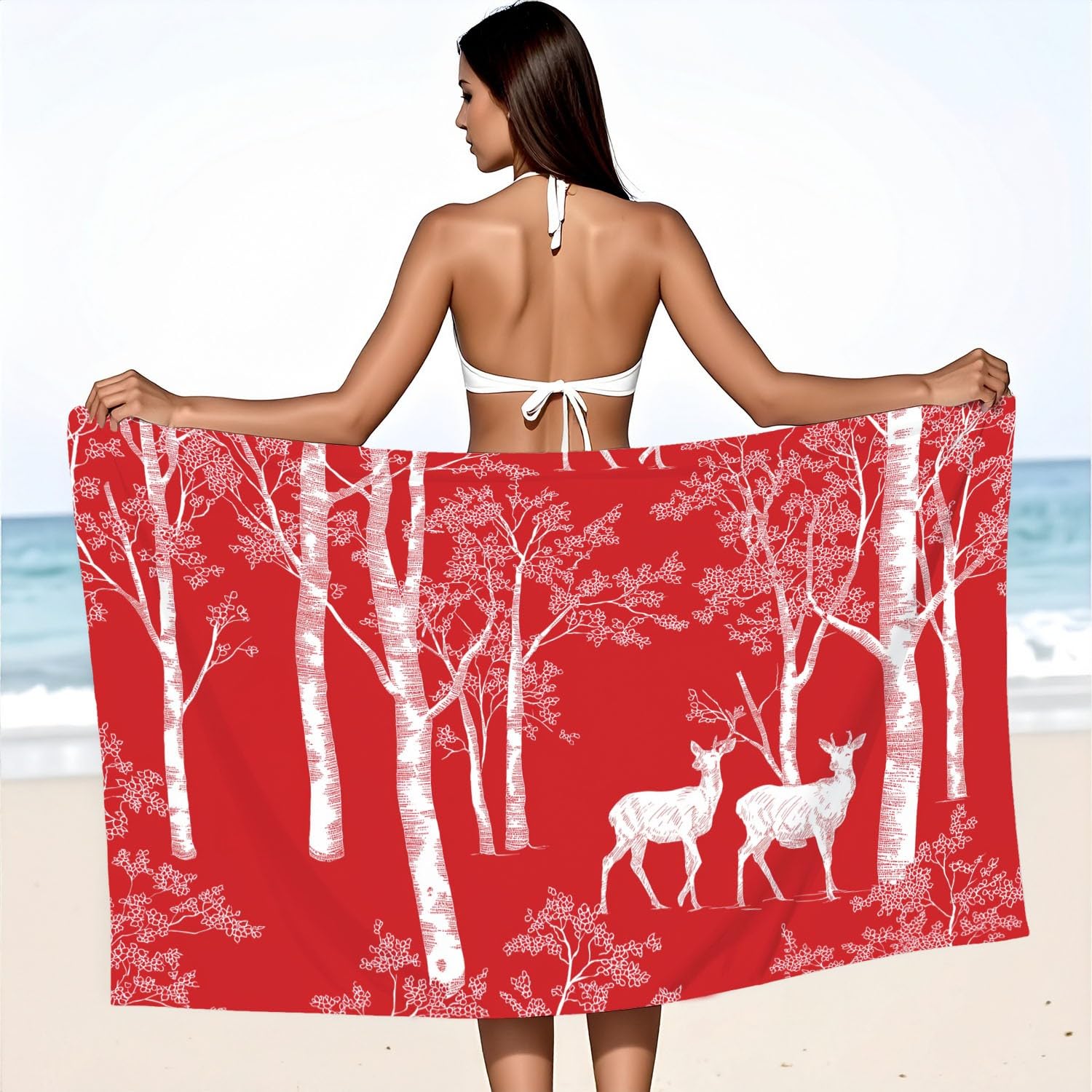Générique Serviette de Plage Microfibre 230 x 210 CM,Drap de Plage Nordique, Forêt, Silhouette, Couverture de Plage Absorbante,Couverture de Bain Bouleaux, Rennes, Silhouettes