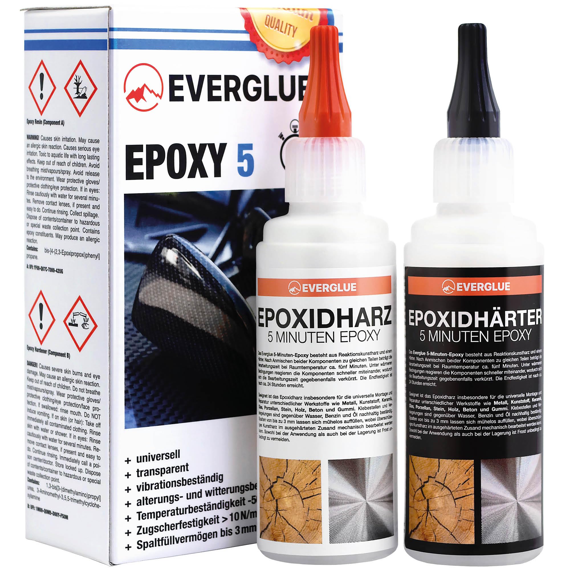 Everglue 5 Minuten Epoxy 200g 2K Epoxidharz mit Härter transparent und hitzebeständig zum Kleben und Versiegeln von Metall Kunststoff Keramik Glas Holz CfK Carbon GfK Glasfaser Marmor Beton Styropor