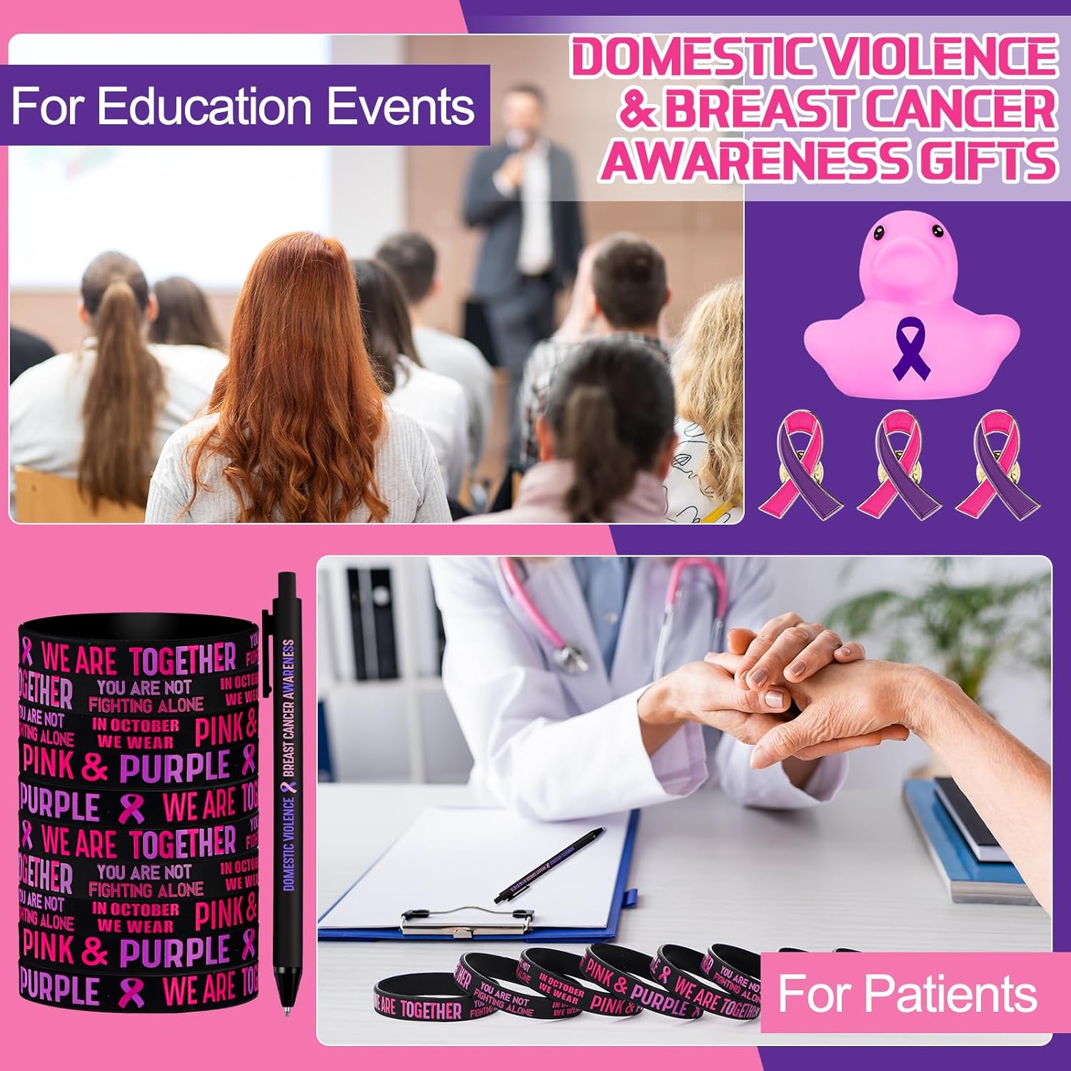 245 Pcs Breast Cancer Domestic Violence Awareness Accessories Pink Purple Ribbon Pins Rubber Bracelets Ballpoint Pens Rubber Ducks for Women Cancer Awareness Month Party Event Supplies