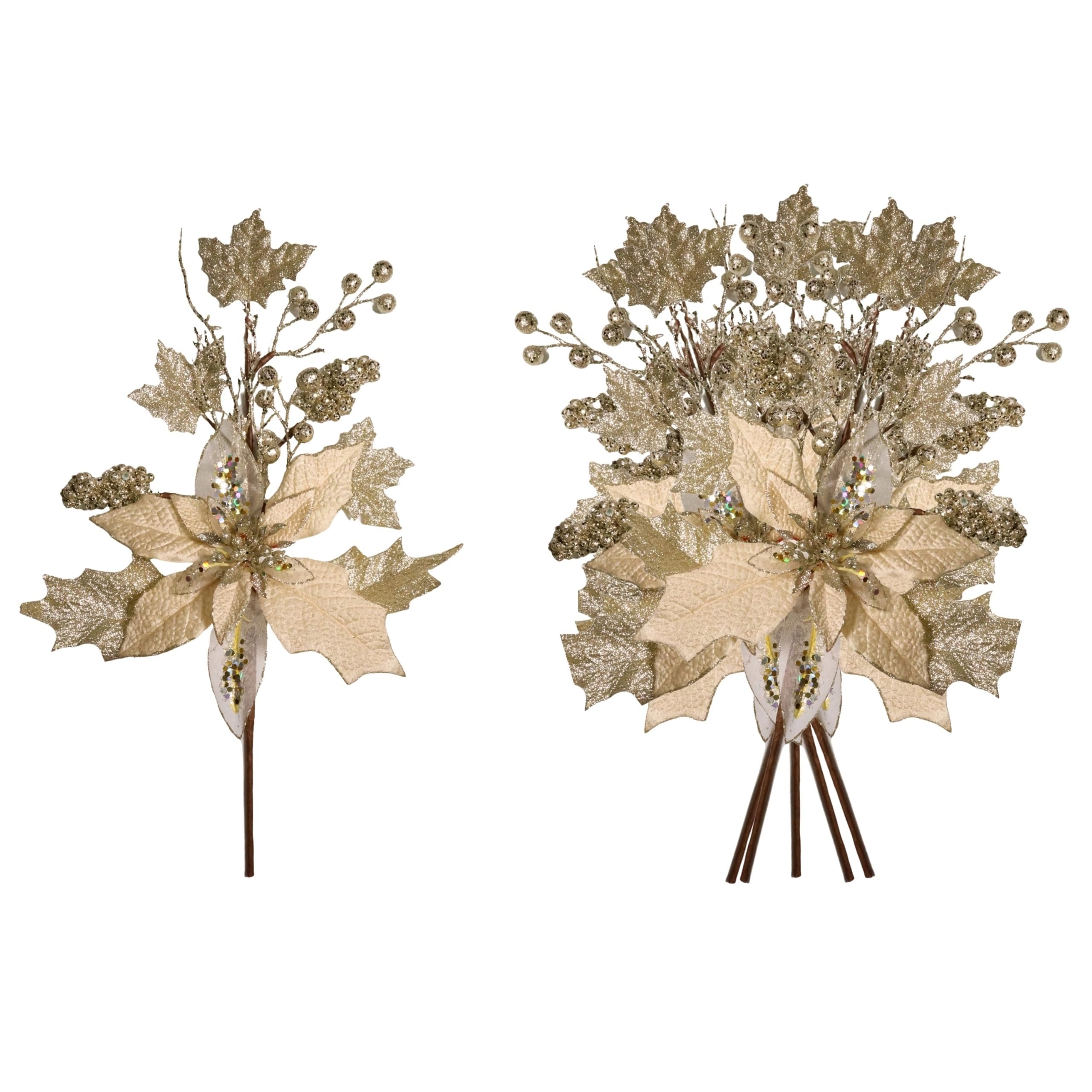 Shatchi Unisex Gold 46Cm Champagne Glitter Poinsettia & Berry Christmas Picks In | Size: 6 Pack