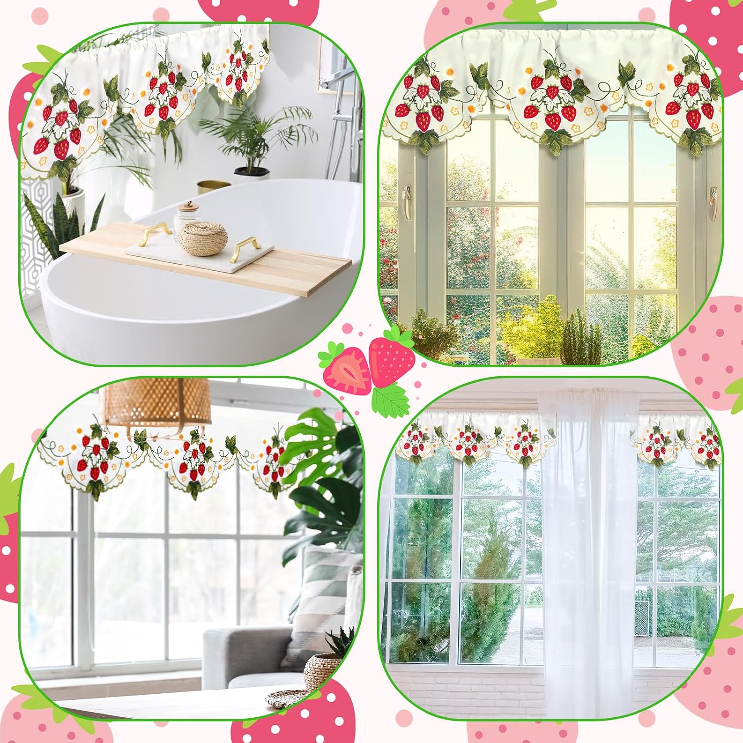Embroidered Summer Strawberry Kitchen Curtains Valances 58 x 15 Inch Red Strawberry Window Treatment Valance Fruit Flower Leaf Curtain for Bedroom Bathroom Living Room Decor