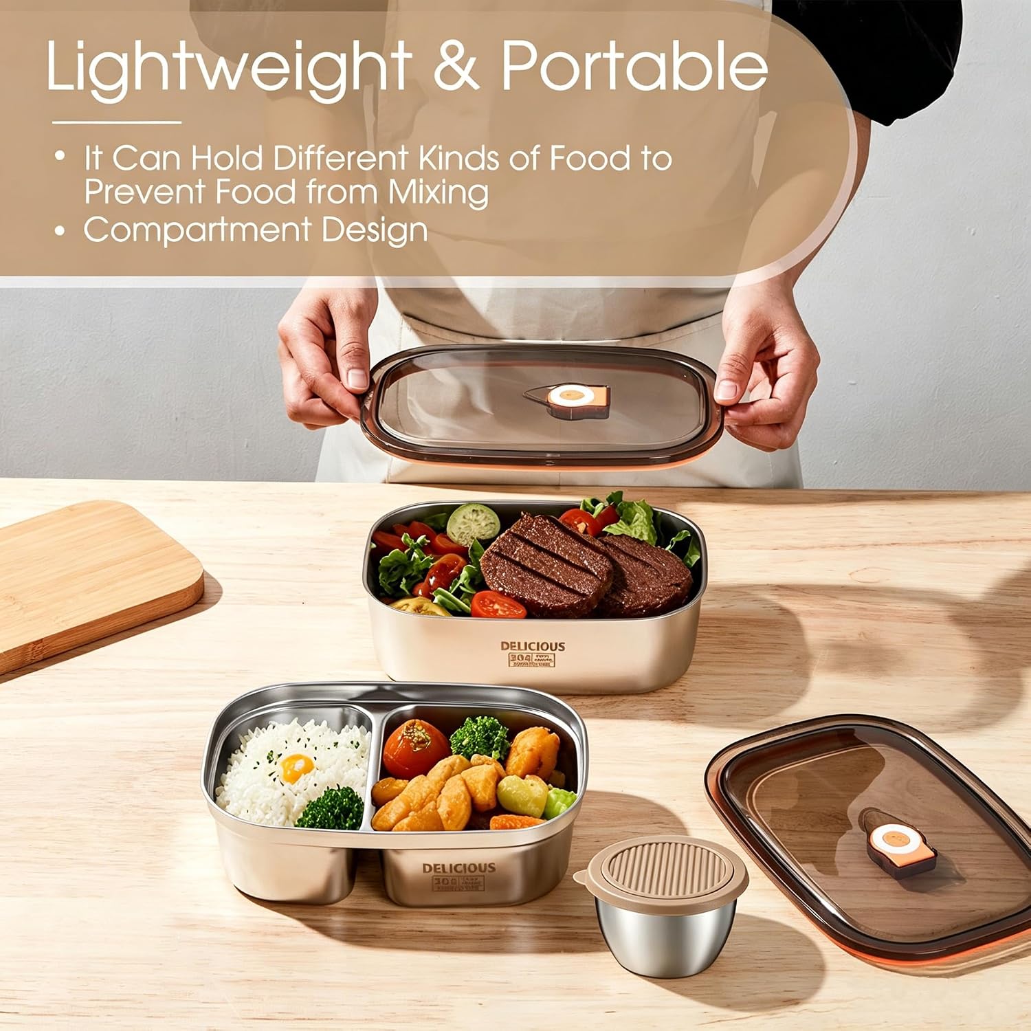 Kabbas 2 Pack Stainless Steel Bento Box with Dressing Cup, 42Oz+57Oz Leakproof Metal Lunch Box for Adult, Lightweight Salad Container for Lunch & Meal Prep, Suitable for Picnic, Work, Outside