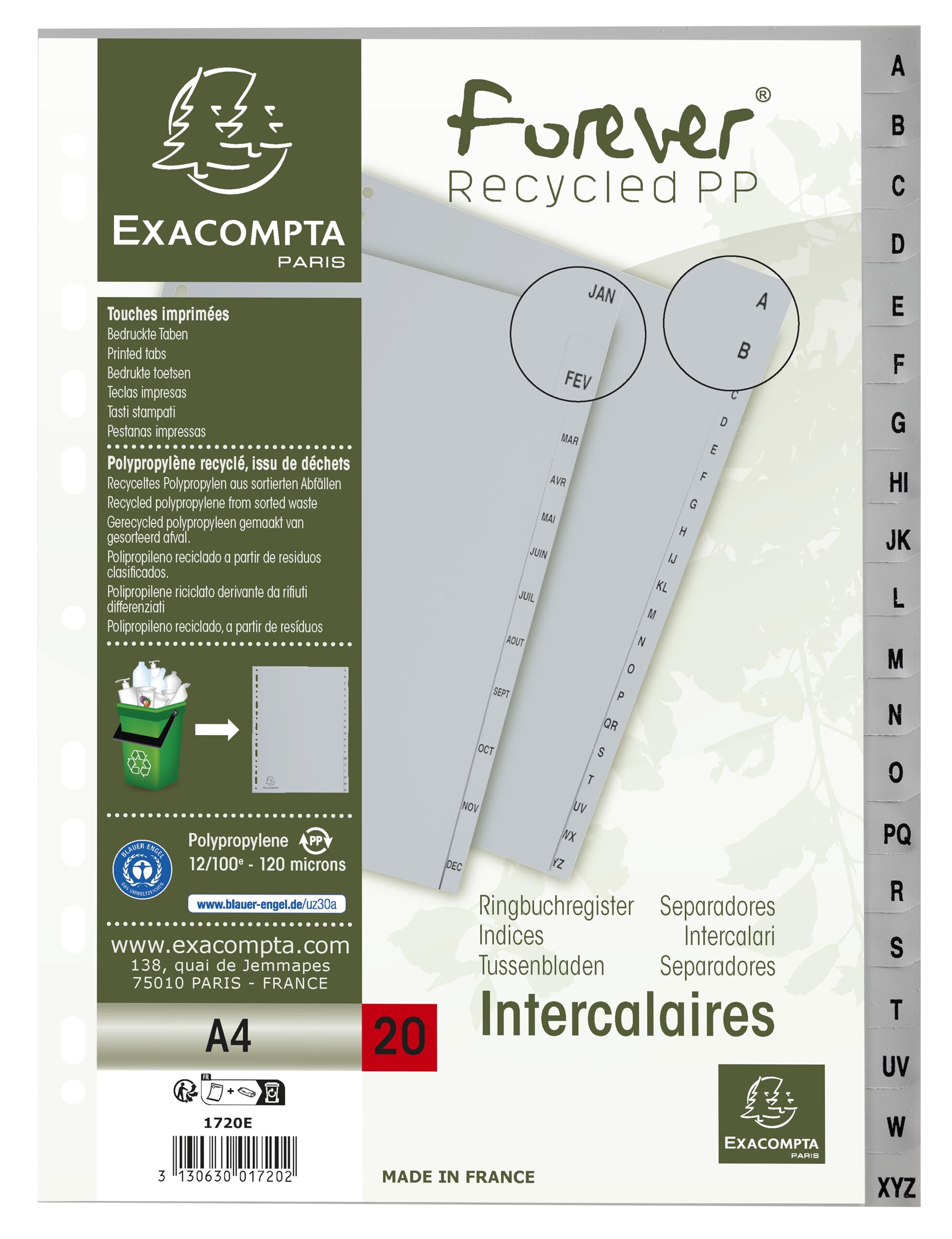 Exacompta - Réf. 1720E - Carton de 20 Intercalaires gris en polypropylène recyclé avec 20 onglets imprimés alphabétiques de A à Z - Format à classer A4 - Dim 22,5 x 29,7 cm - certifiés Ange Bleu