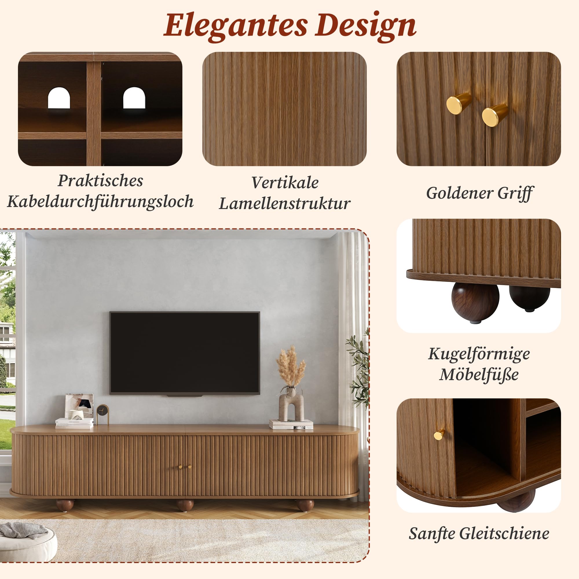 180cm Rundungen TV Schrank mit Schiebetüren, TV Lowboard Wohnzimmer | Retro TV Möbel,Wohnzimmermöbel, vertikal geriffelte Schiebetüren,Kugelfüße