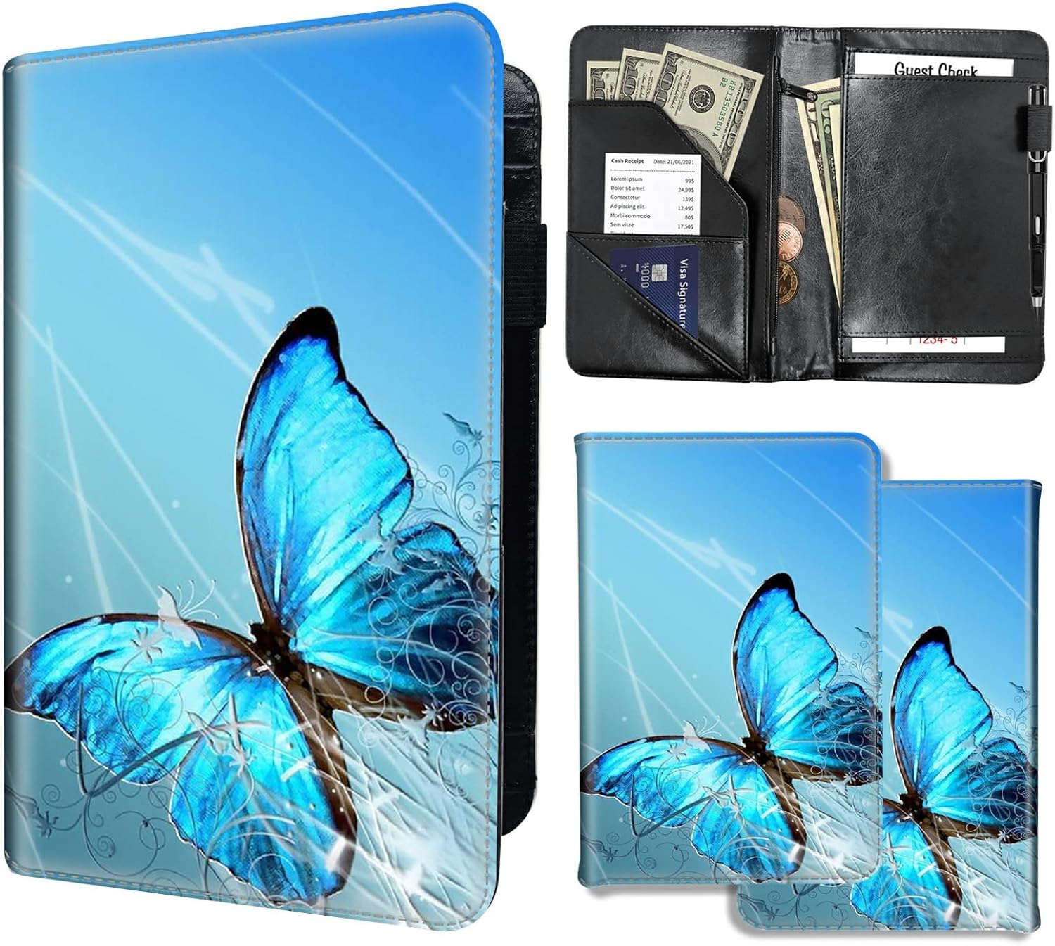 Server Books for Waitress,PU Leather Waiter Book Server Wallet with Zipper Pocket,Cute Waitress Book&Waitstaff Organizer with Money Pocket Fit Server Apron, Blue Flower