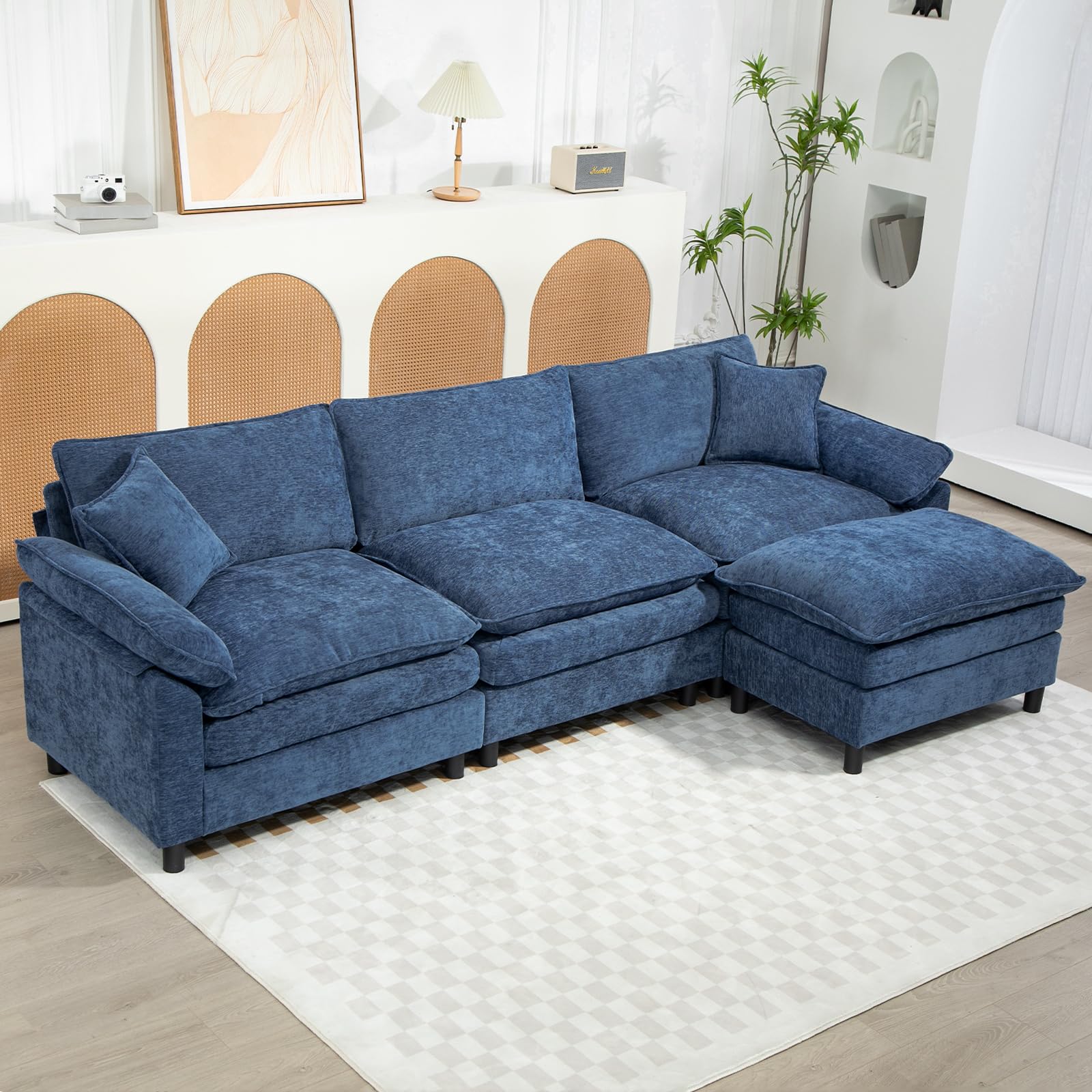 DecoraFlex Chenille Modular Sectional Sofa, 146.5'' Comfy Cloud Sofa Couch with Remove Ottoman, Large U-Shaped Extra Deep Seat Sofa with Pillows for