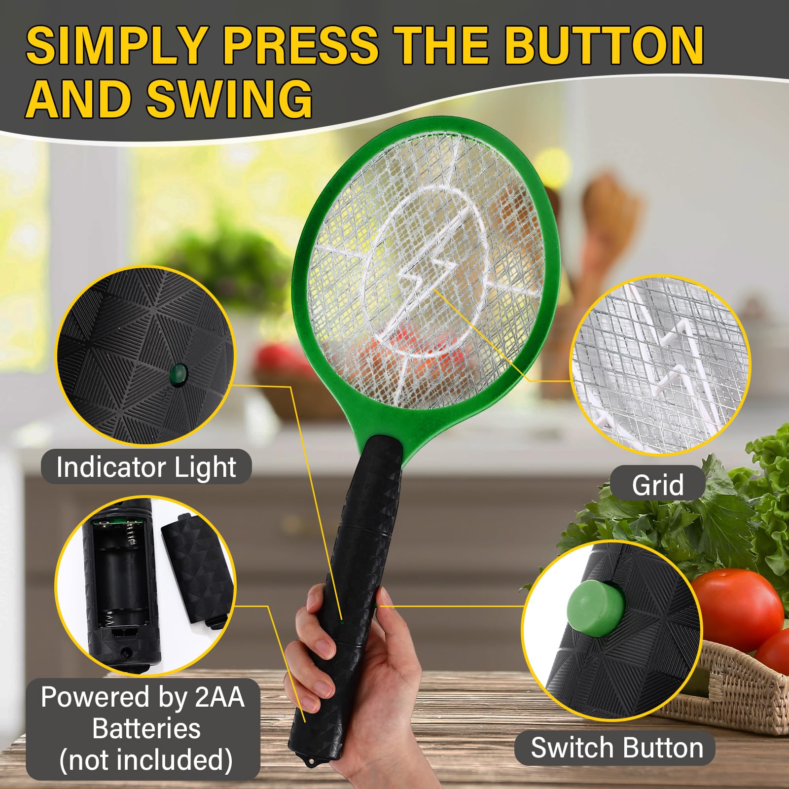 Confezione da 24 racchette elettriche per insetti per interni ed esterni, racchette per zanzare, racchette da tennis, con rete protettiva sicura, funzionamento a batteria AA (non inclusa)