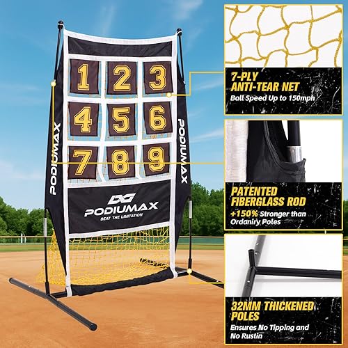 Miniatura 6 de PodiuMax Red de lanzamiento de béisbol y softbol, red de objetivo de 9 agujeros con zona de strike, sistema de recolección de pelotas grandes,
