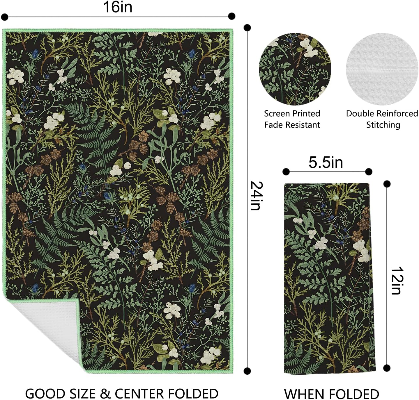 Vintage Botanical Kitchen Towels, Dark Green Fern Leaf Herbs Dish Towels, Olive Hand Towels for Bathroom, Kitchen Decor, 16x24 Inches