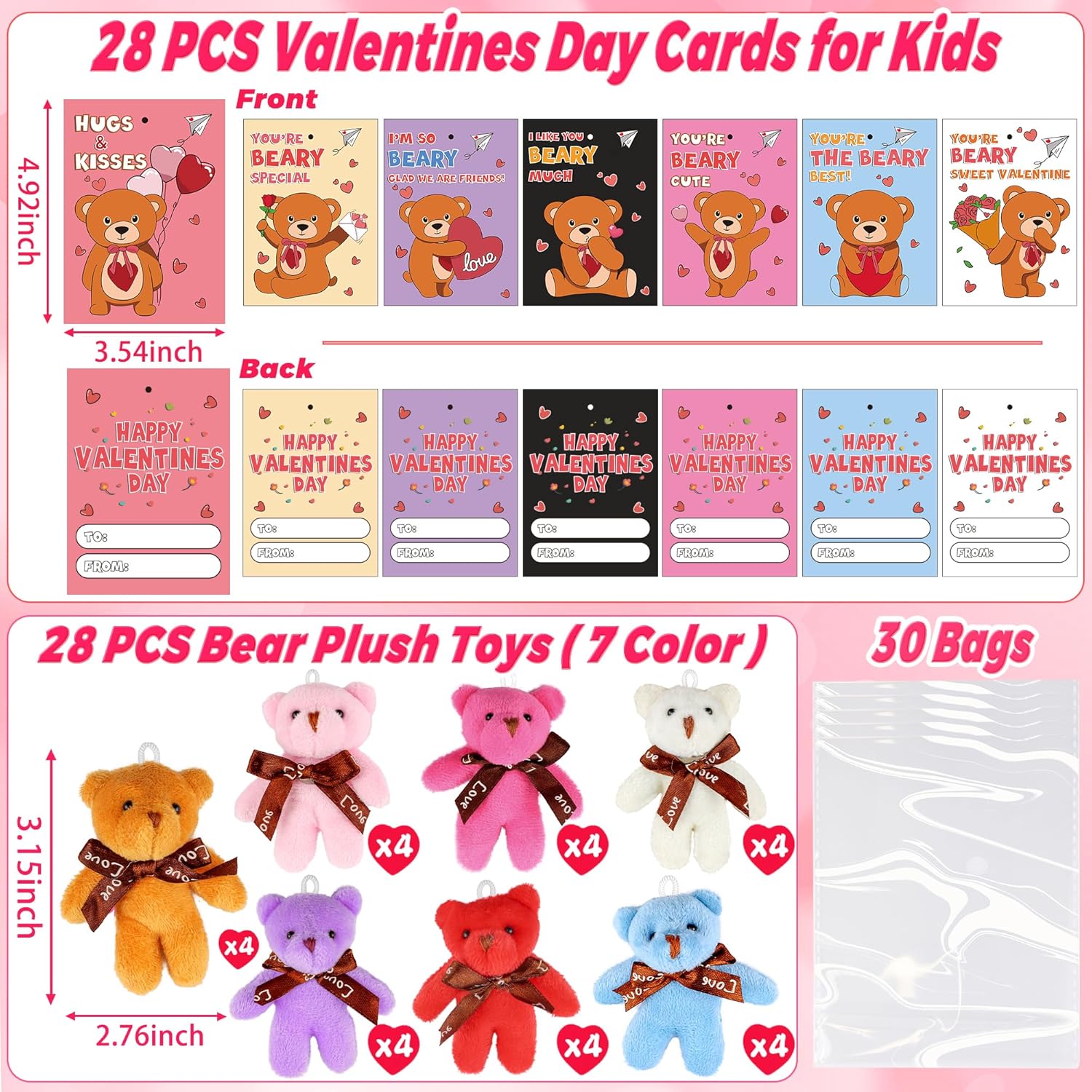 28 Pack Valentines Day Cards for Kids Classroom with Mini Bear Plush Toys Keychain Valentines Day Gifts for Kids School Valentines for Class Exchange Cards Valentines Party Favors Prizes Girls Boys Style 1