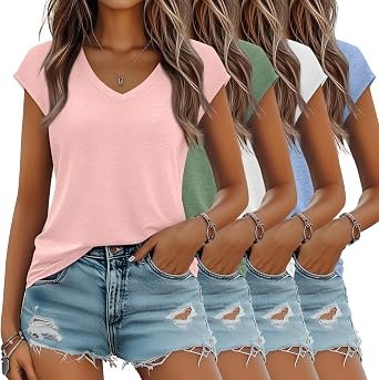 Locoowai 4 Pack Womens V Neck T Shirts Cap Sleeve Tops Trendy Short Sleeve Basic Tees Summer Casual Fashion Clothes