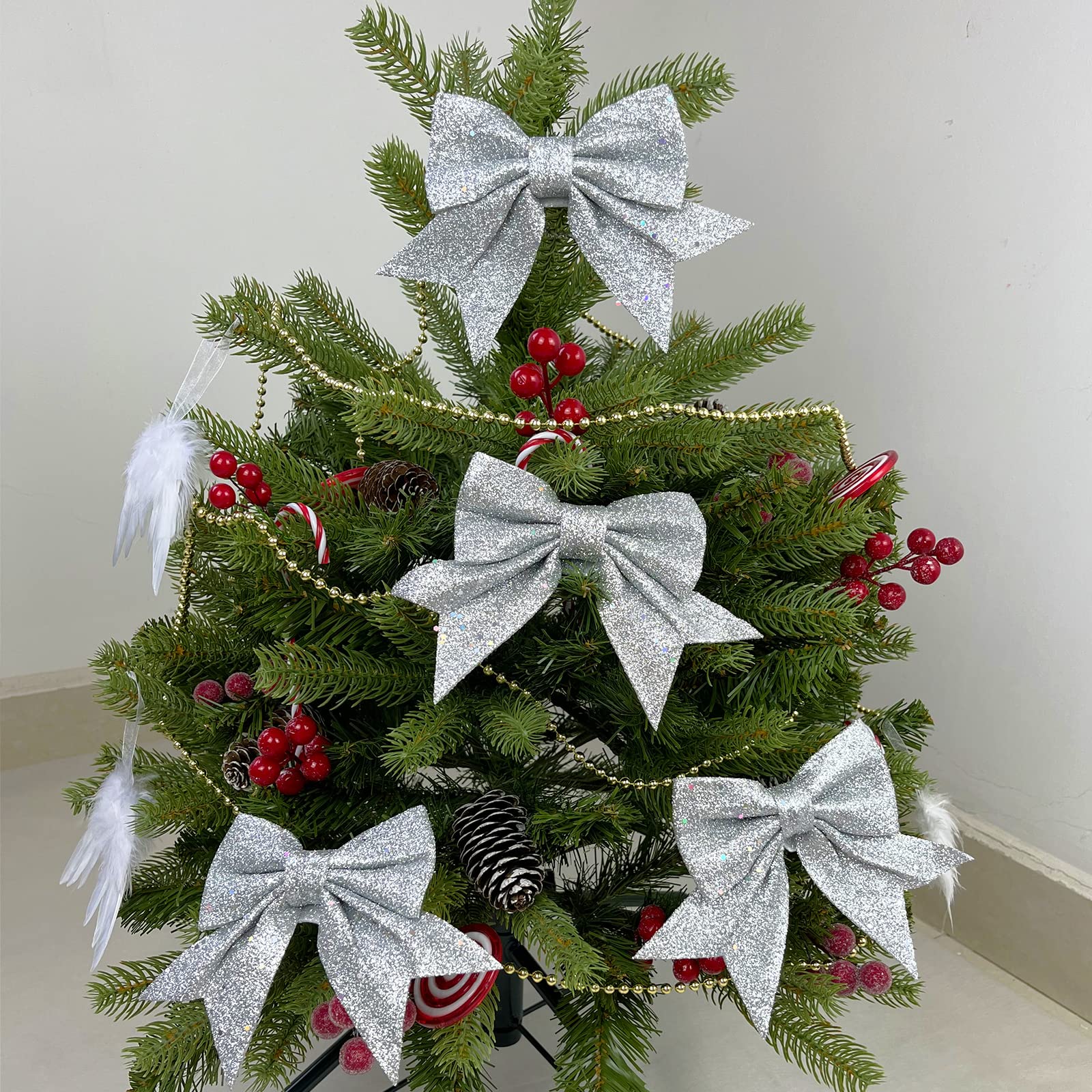 YUNSTK 12pcs Glitter Christmas Bows, Silver Bows for Christmas Tree 5.5in Wreaths Bows Xmas Bow Decorations - Image 3