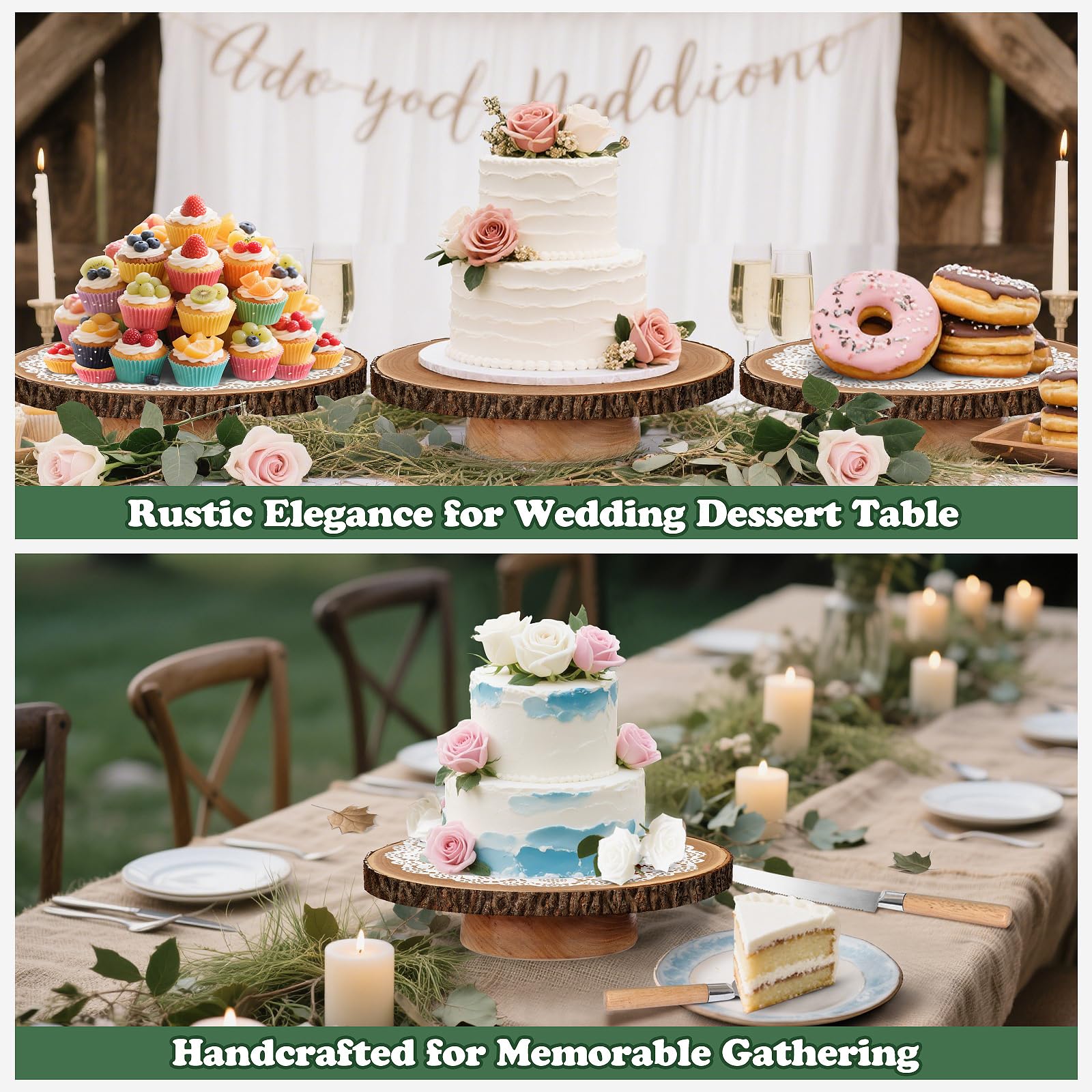 Soporte giratorio para tartas de madera de 12 pulgadas con juego de corte de pasteles, soportes de madera rústica para fiestas, bodas, regalos de horneado, eventos, decoración de pasteles