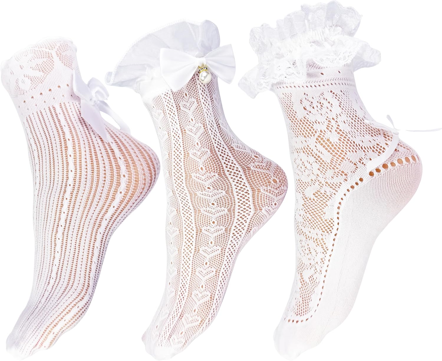 Winterlace Womens Frilly Ruffle Ankle Socks, 3 Pairs Lace Cute Bows Bobby Fashion Dress Sock