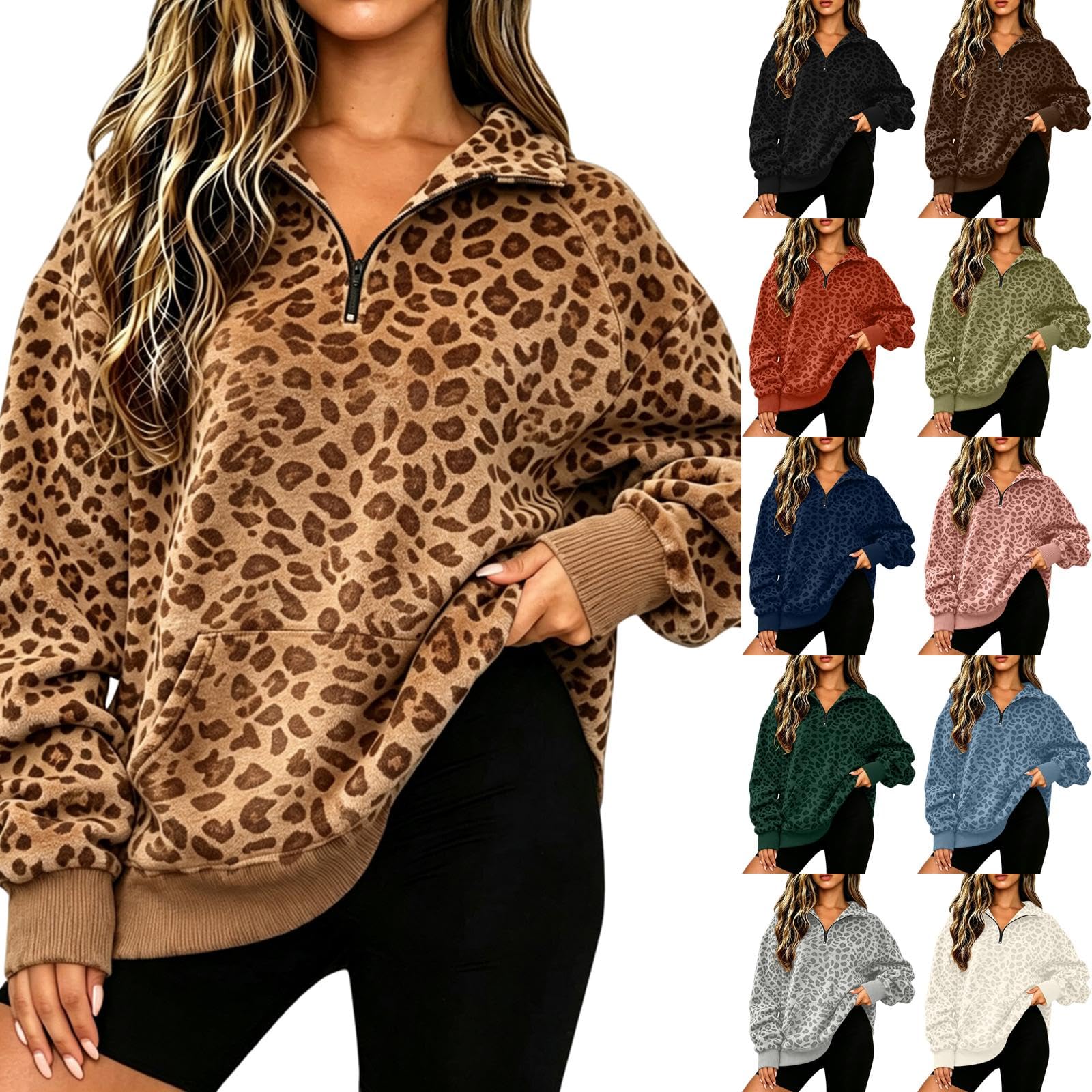 Leopard Print Sweatshirt for Women Y2K Oversized Fleece