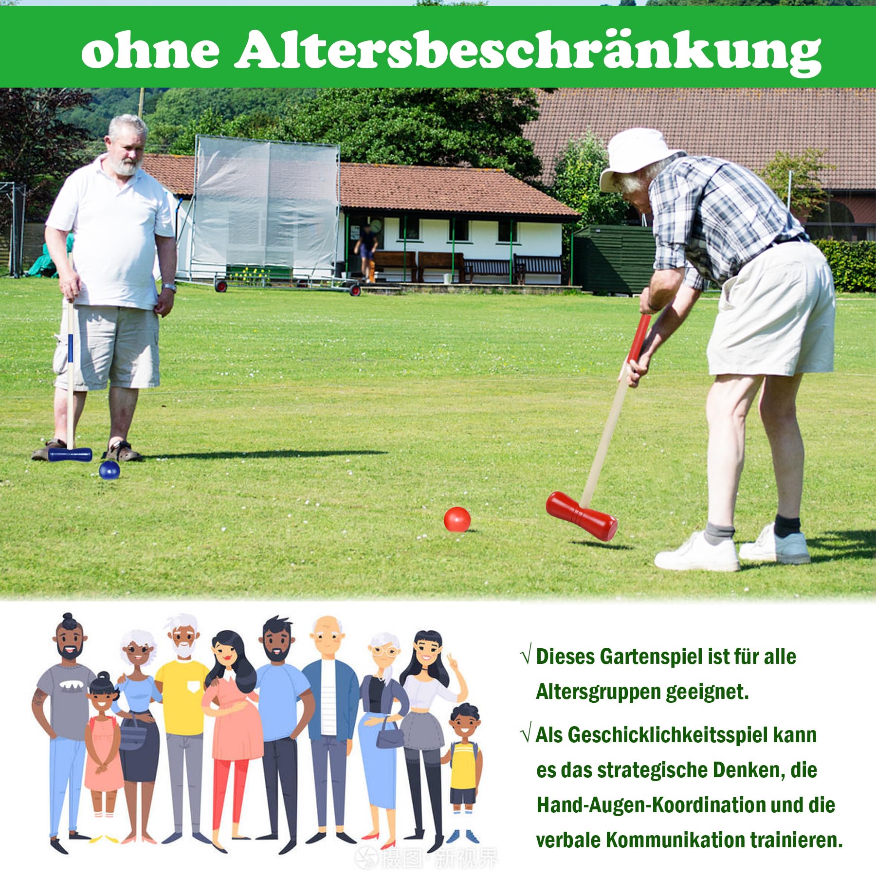 Jeu Plein Air Traditionnel Jeu De Croquet En Bois Pour 4 Joueurs - Set Jardin Avec Maillets, Balles, Piquets - Outdoor Croquet Familial Extérieur