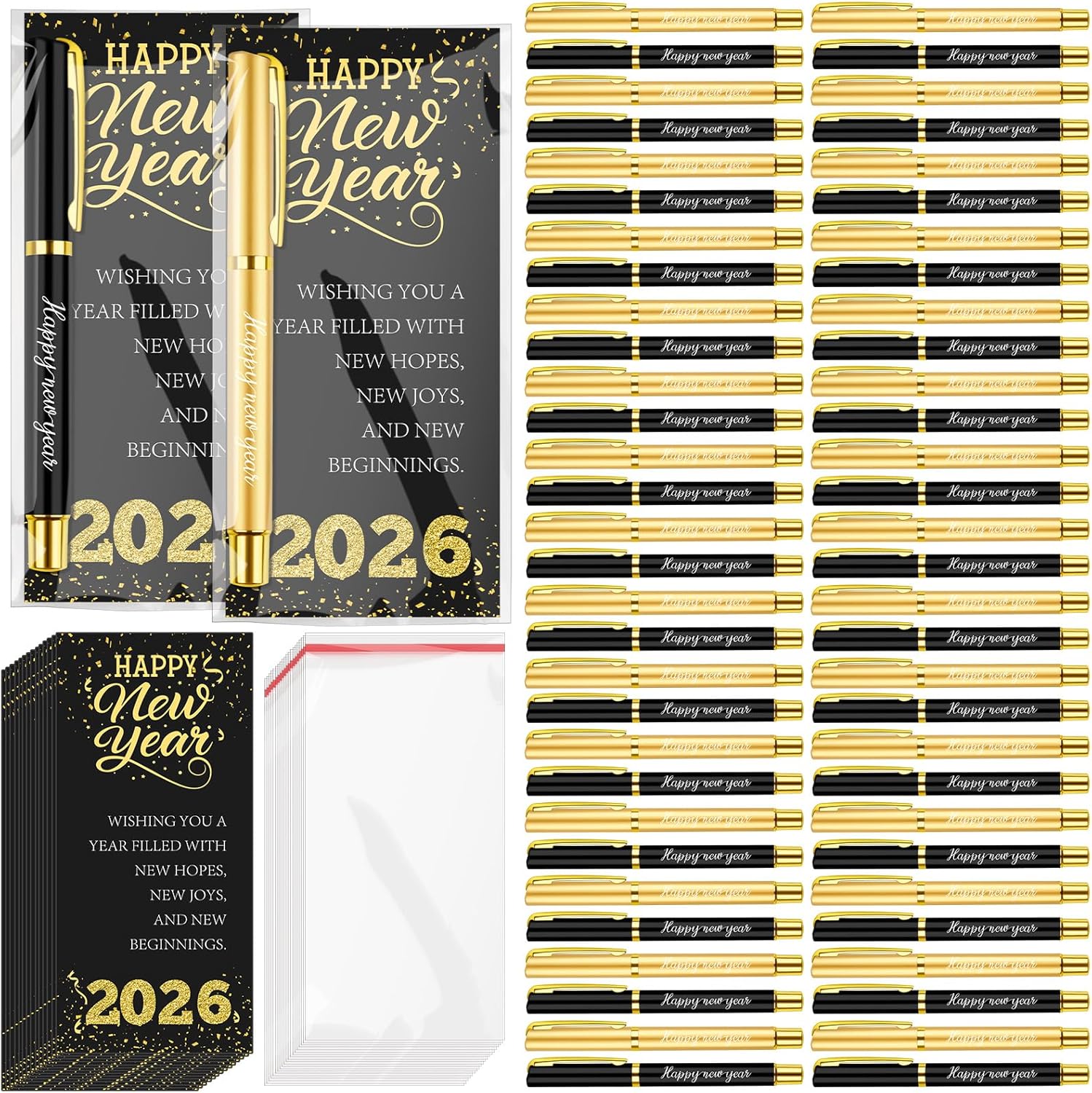 Demonwer 60 Sets Happy New Year Gifts Bulk 2026 Inspirational Ballpoint Pens with Blessing Cards Black and Gold Metal Pen Gifts for New Year Coworkers Friends Family Party Favor