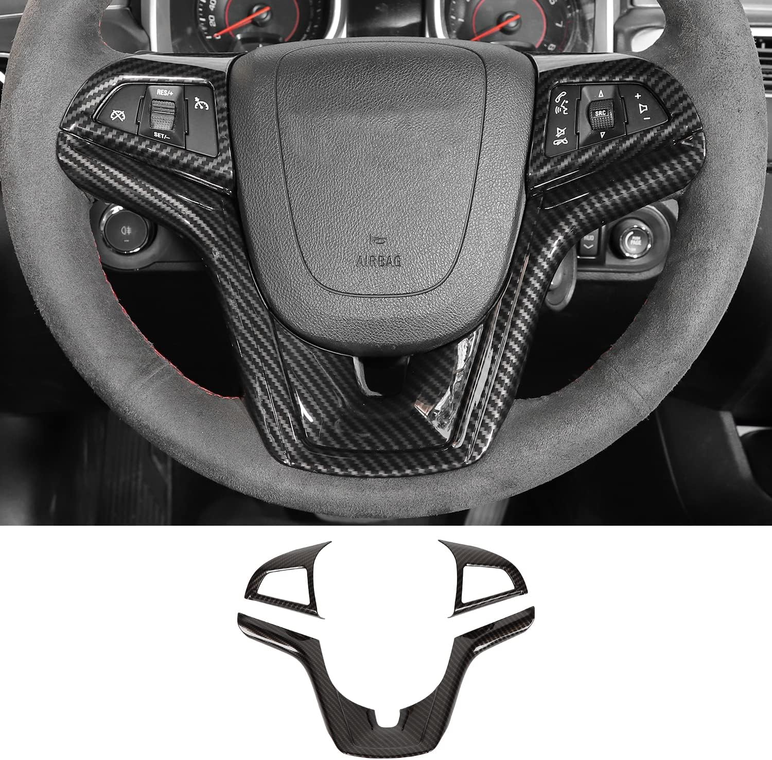 RT-TCZ Steering Wheel Trim Cover Ring Decoration Kit Interior Accessories for 2012 2013 2014 2015 Chevrolet Camaro, 3 PCS (Carbon Fiber Grain)