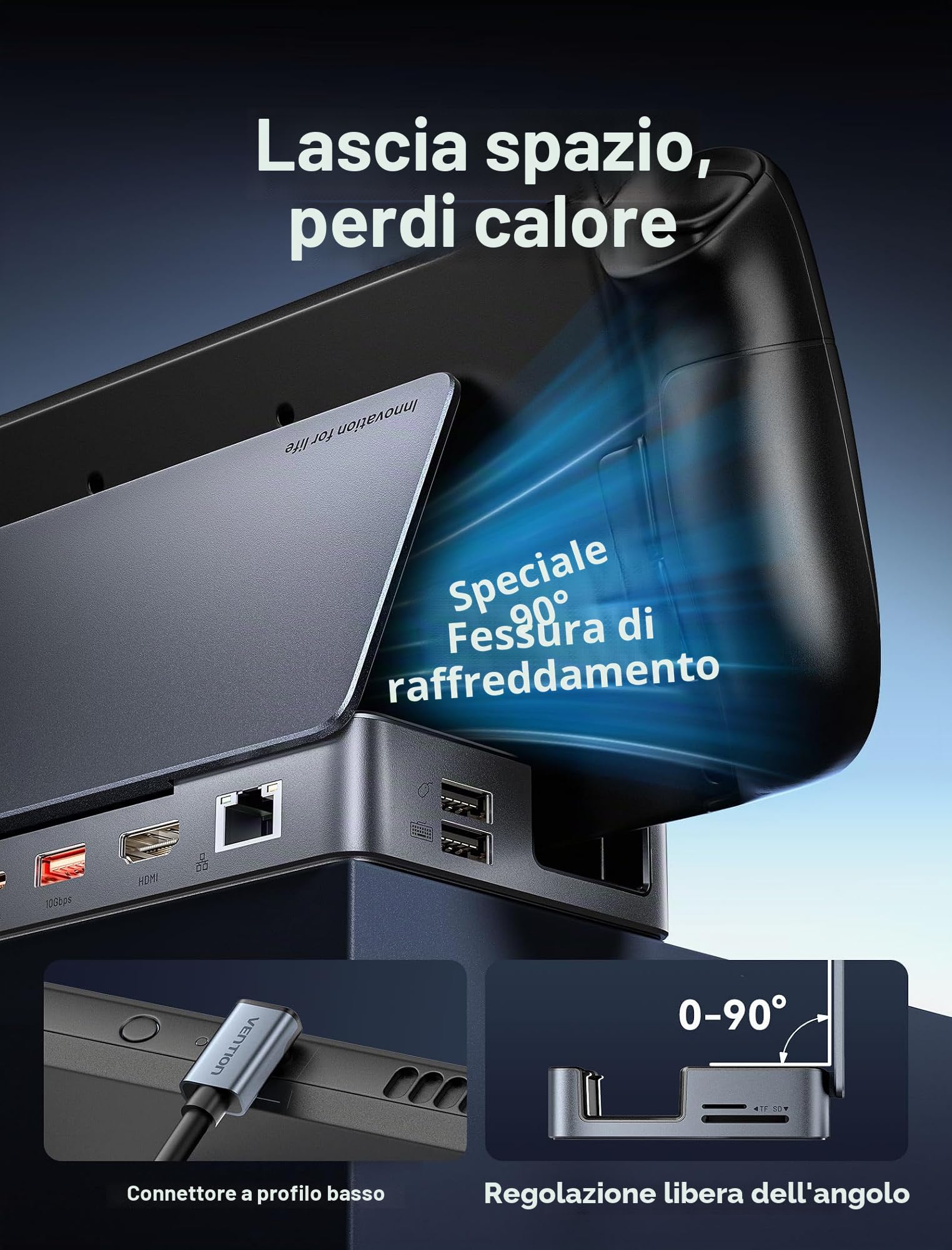 VENTION 9-IN-1 Steam Deck Dock, Docking Station per Switch con HDMI 4K@60Hz, USB-C/A 10Gbps, SD/TF, Ethernet 1000Mbps, PD 100W, Compatibile con Steam Deck, ROG Ally X, Switch, Legion Go, iPad