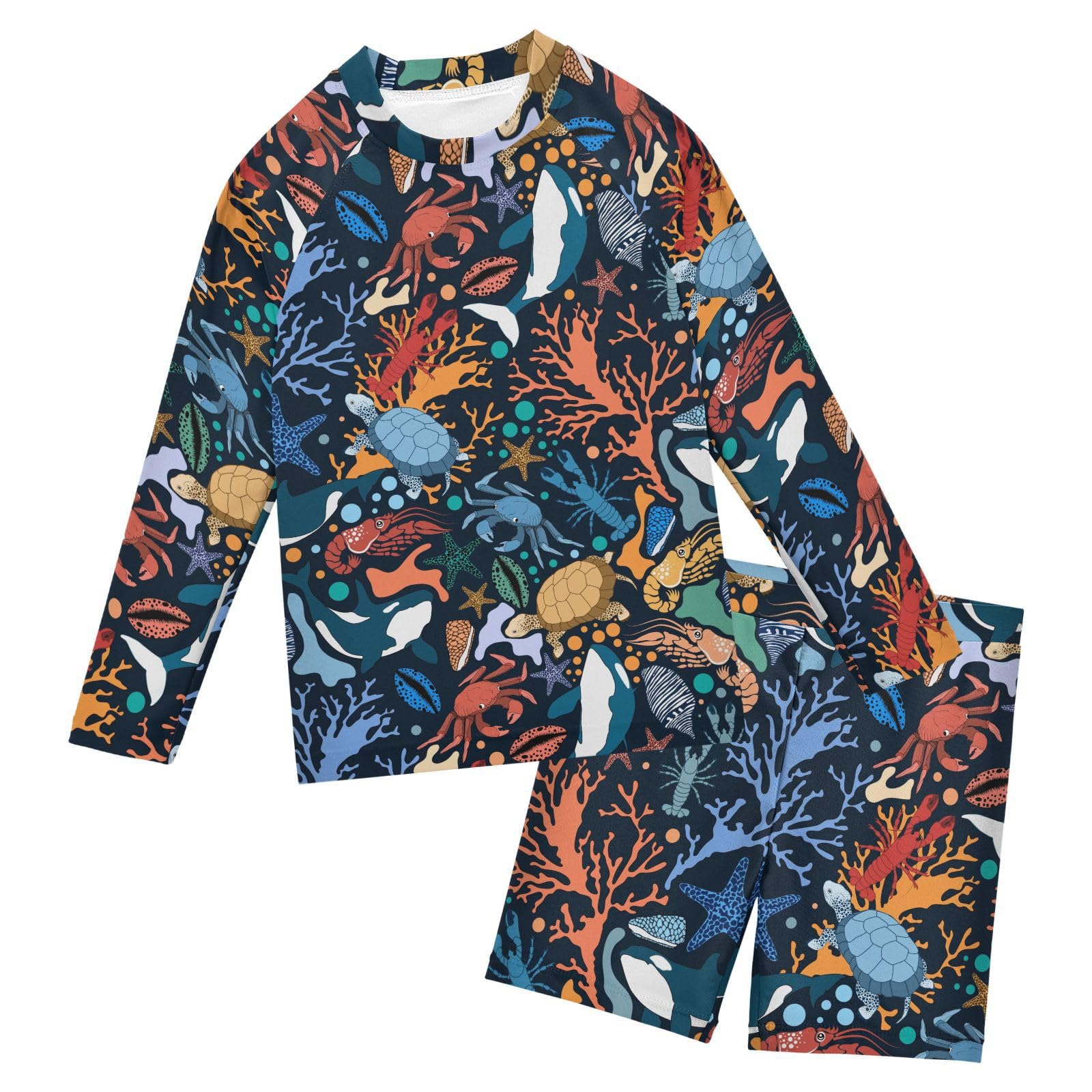 Aflyko Kids' Bathing Suit Set Summer Turtle Crab Lobster Coral Long Sleeve Swim Tops with Shorts Summer Vacation Pool Party Rashguard Fun Cute Toddler Infant Beachwear, 4T