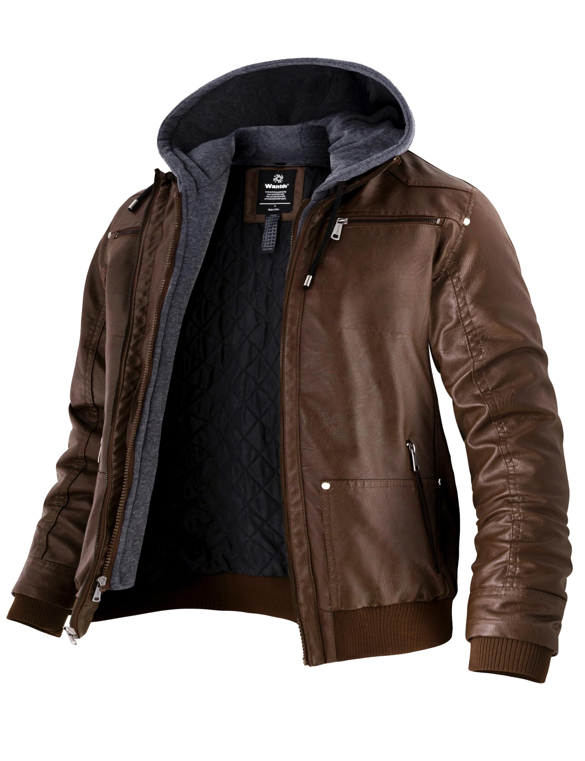 Wantdo Giacca in Pelle da Uomo Giubbotto con Cappuccio Rimovibile da Lavoro Mezza Stagione Primavera Antivento Antipioggia Giacca da Moto Casual