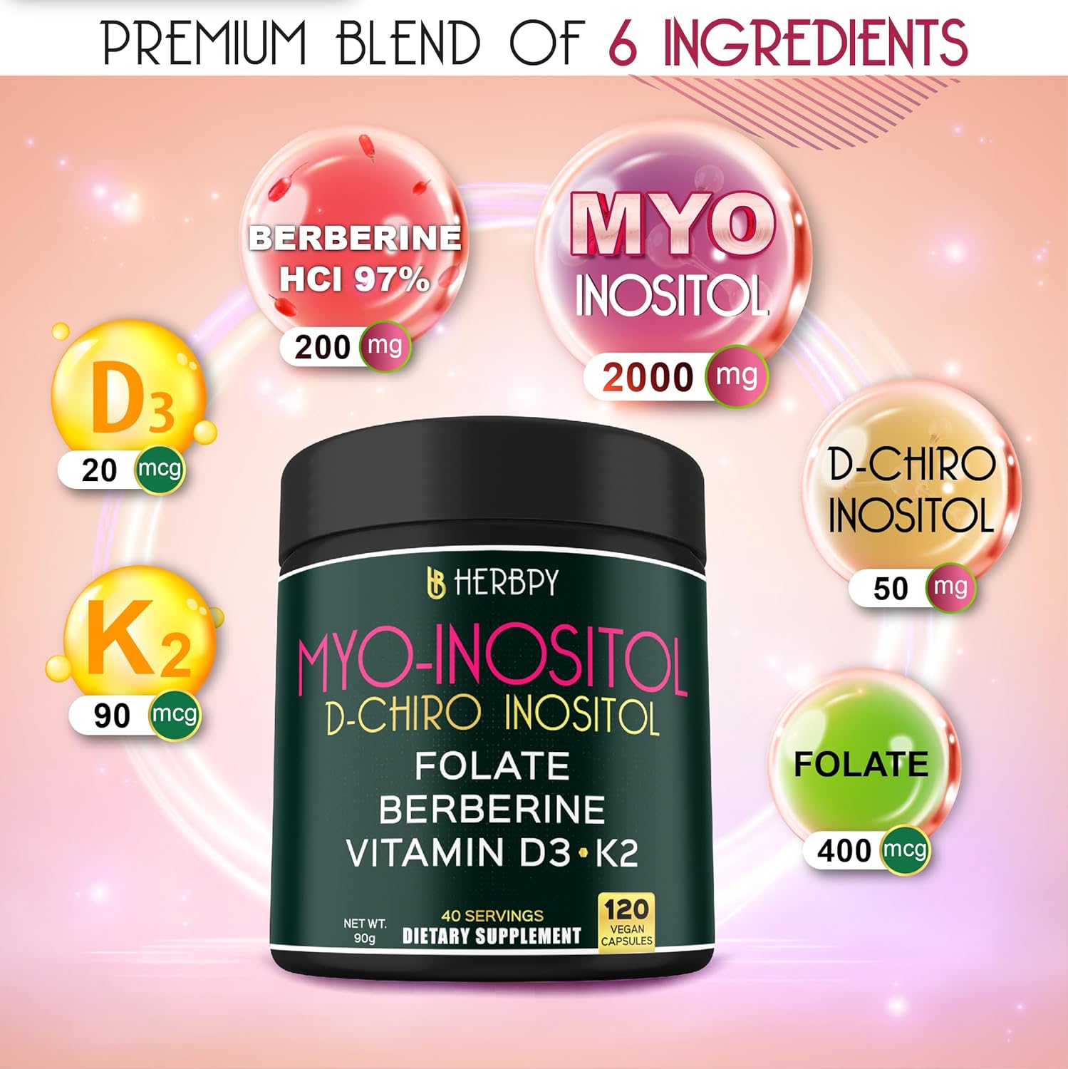 Herbpy Bundle 7in1 Berberine HCl 97% 120 Count & 6in1 Myo-inositol & D-Chiro Inositol Supplement for Women 120 Count - for Immune, Digestion & Overall Health