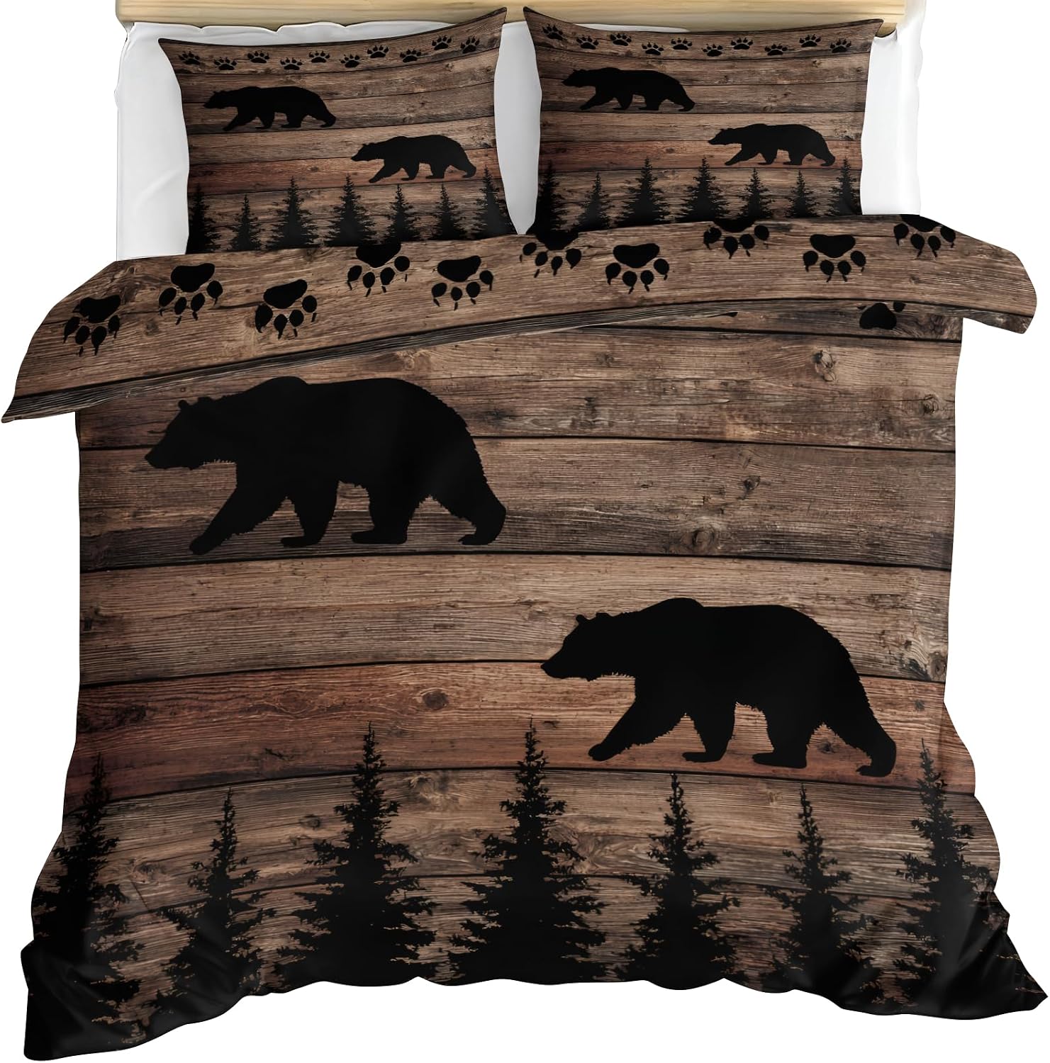 Black Bear Duvet Cover King Size, Vintage Bear Footprints Wild Animal Bedding Set 3 Piece, Forest Wildlife Hunting Patterned Comforter Cover with Zipper & Ties, 2 Pillowcases