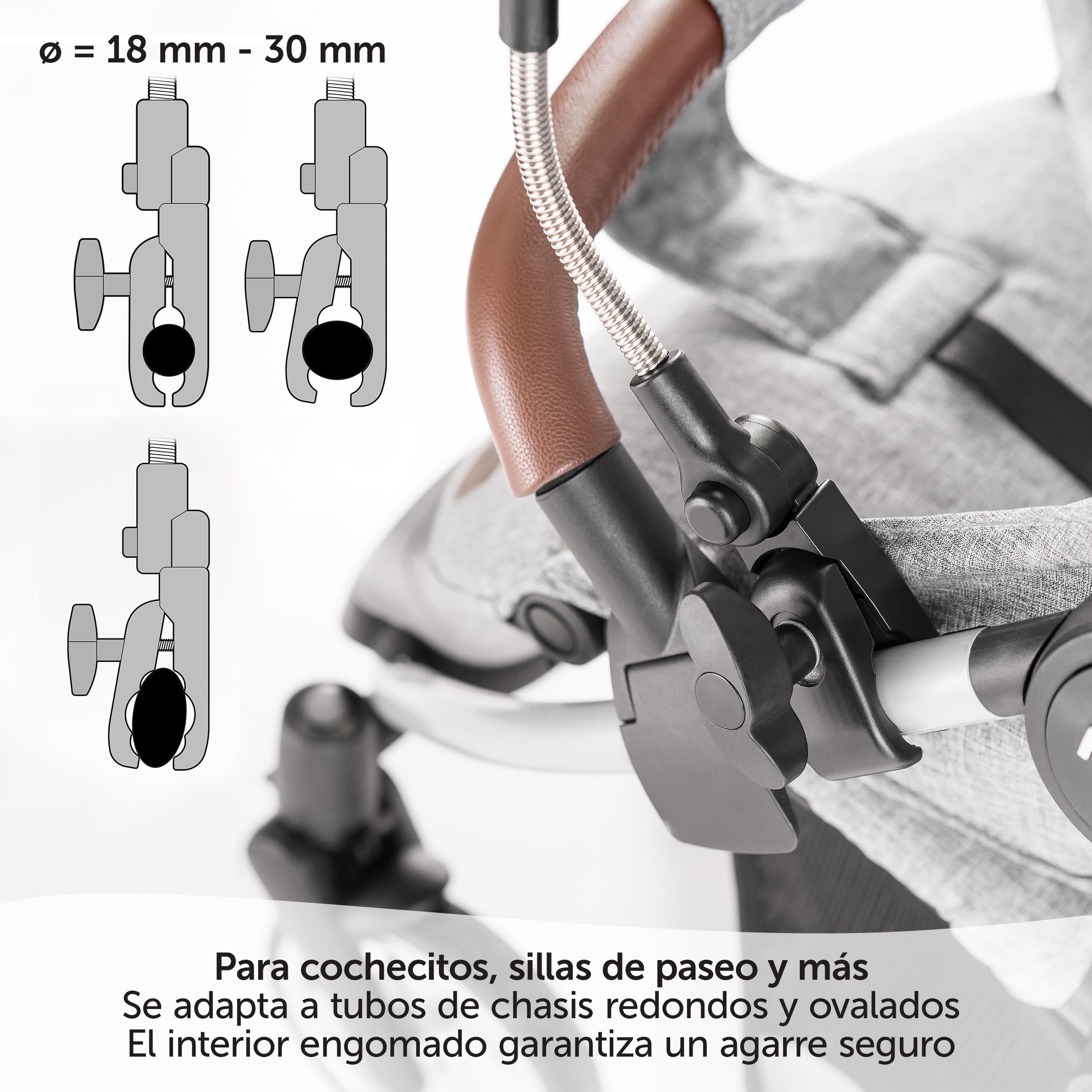 Zamboo Sombrilla Carro Bebe Universal con Protección UV50+ - Paraguas Parasol con 12 Posiciones para Cochecitos y Sillas de Paseo - Sombrillas Regulables Diámetro 73 cm - Repelen el Agua - Gris