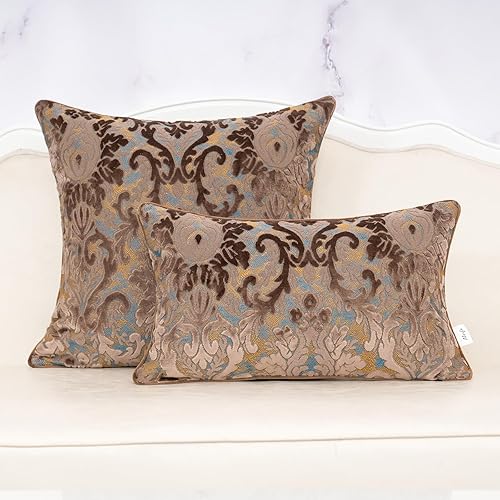 Miniatura 3 de Alerfa Funda de almohada bohemia con estampado floral marrón de 18 x 18 pulgadas, de terciopelo, bordada, de lujo, decorativa, para sofá, sala de