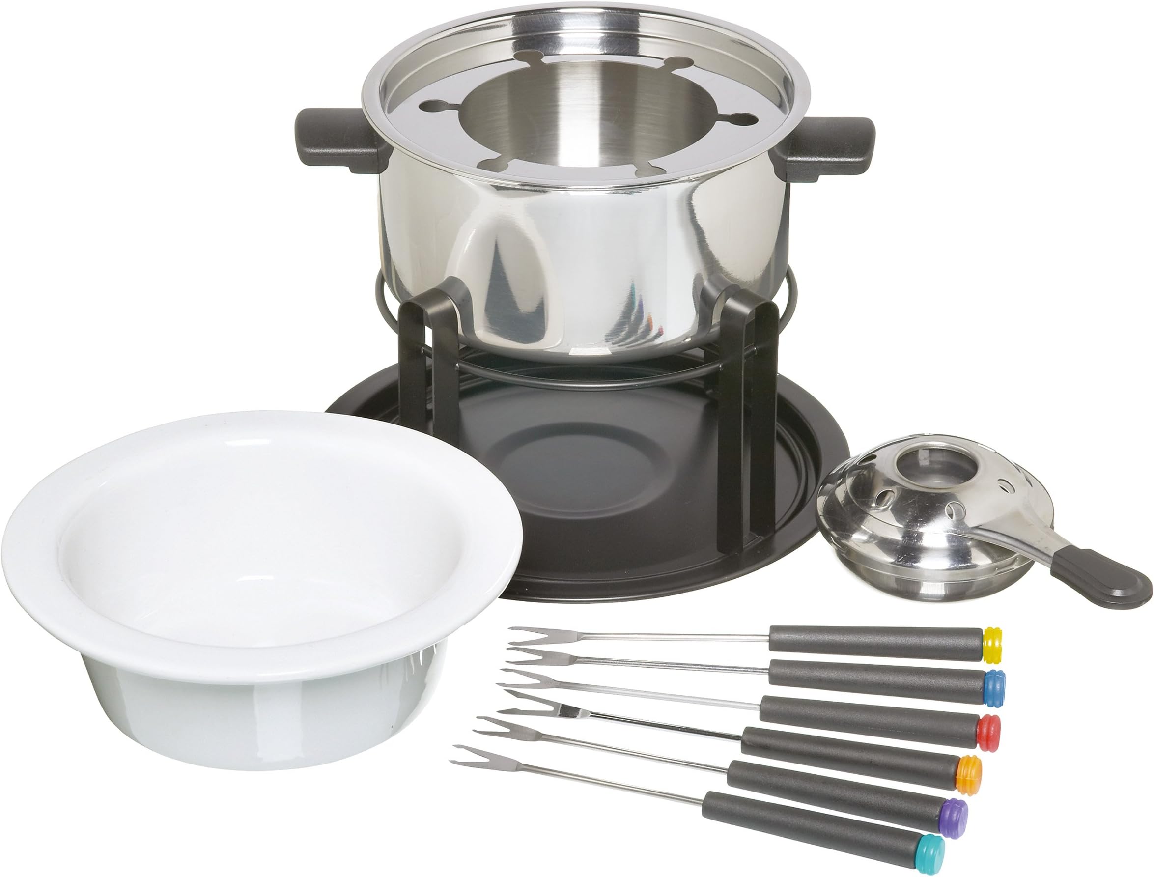 KitchenCraft 3-in-1 Fondue Set with Colour Coded Fondue Forks (for Chocolate, Meat and Cheese Fondue), Silver