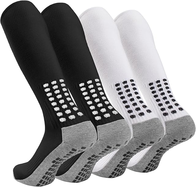 Geebuzz 4 Pairs Men's Football Socks Knee High Grip Socks Football Non Slip Football Basketball Hockey Sports Grip Socks