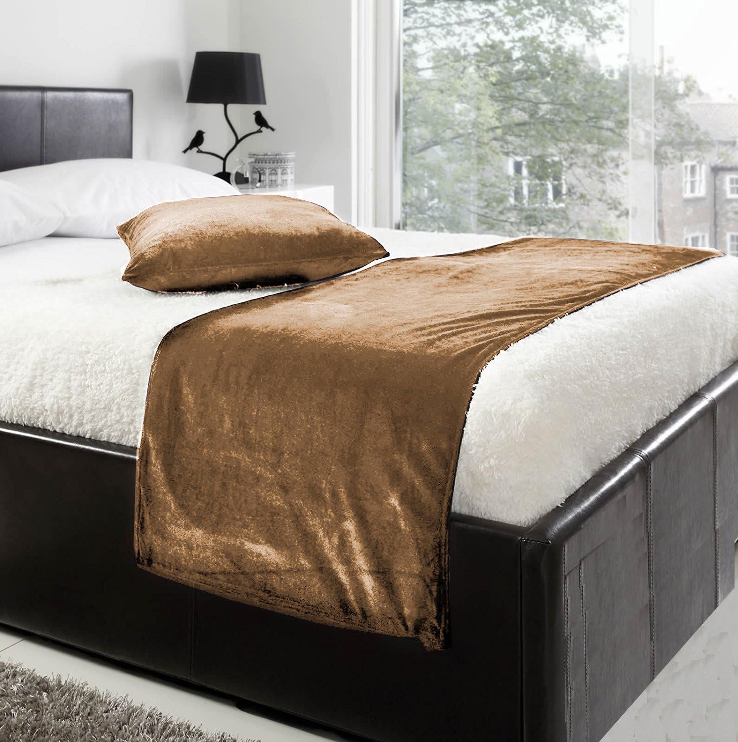 Luxury Velvet Bed Runner Set | Scarf | Throw | with 2 Cushion Cover for All Bed Sizes (Choco Brown, Twin/Twin XL- 19.6x50 inch)