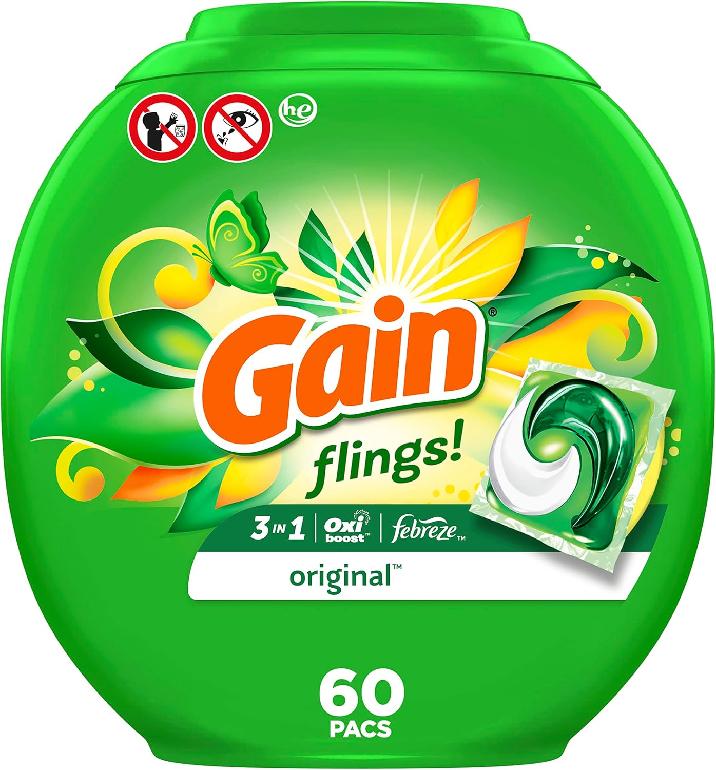 Gain flings! Laundry Detergent Soap Pacs HE Compatible 60 ct Long Lasting Scent Original Scent