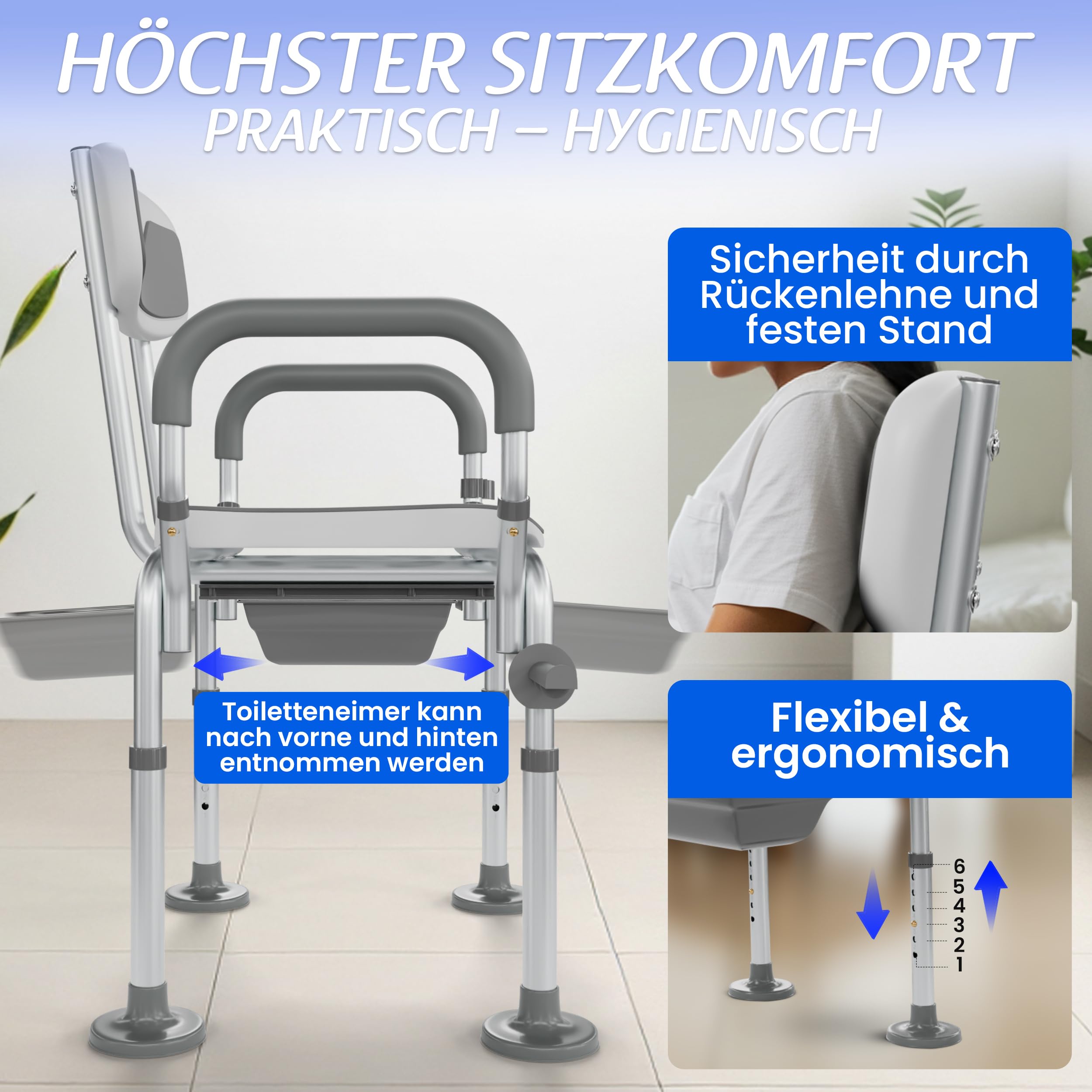 3-in-1 Toilettenstuhl, Toilettensitzerhöhung & Duschstuhl. Registriertes Medizinprodukt. Höhenverstellbar. Bis 136 kg. Rückenlehne & Armlehnen für Sicherheit. Aufstehhilfe. Entlastet Pflegende