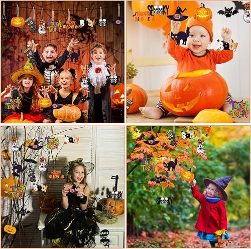 Miniatura 4 de Gerrii 40 adornos de Halloween de madera para decoración de árbol de Halloween, calabaza, fantasma, sombrero de bruja, esqueleto, mini adornos