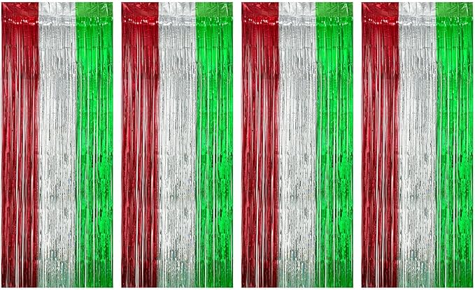 Cortina lluvia tricolor flecos metálicos plateado verde rojo fondo fotografía 15 septiembre fiesta