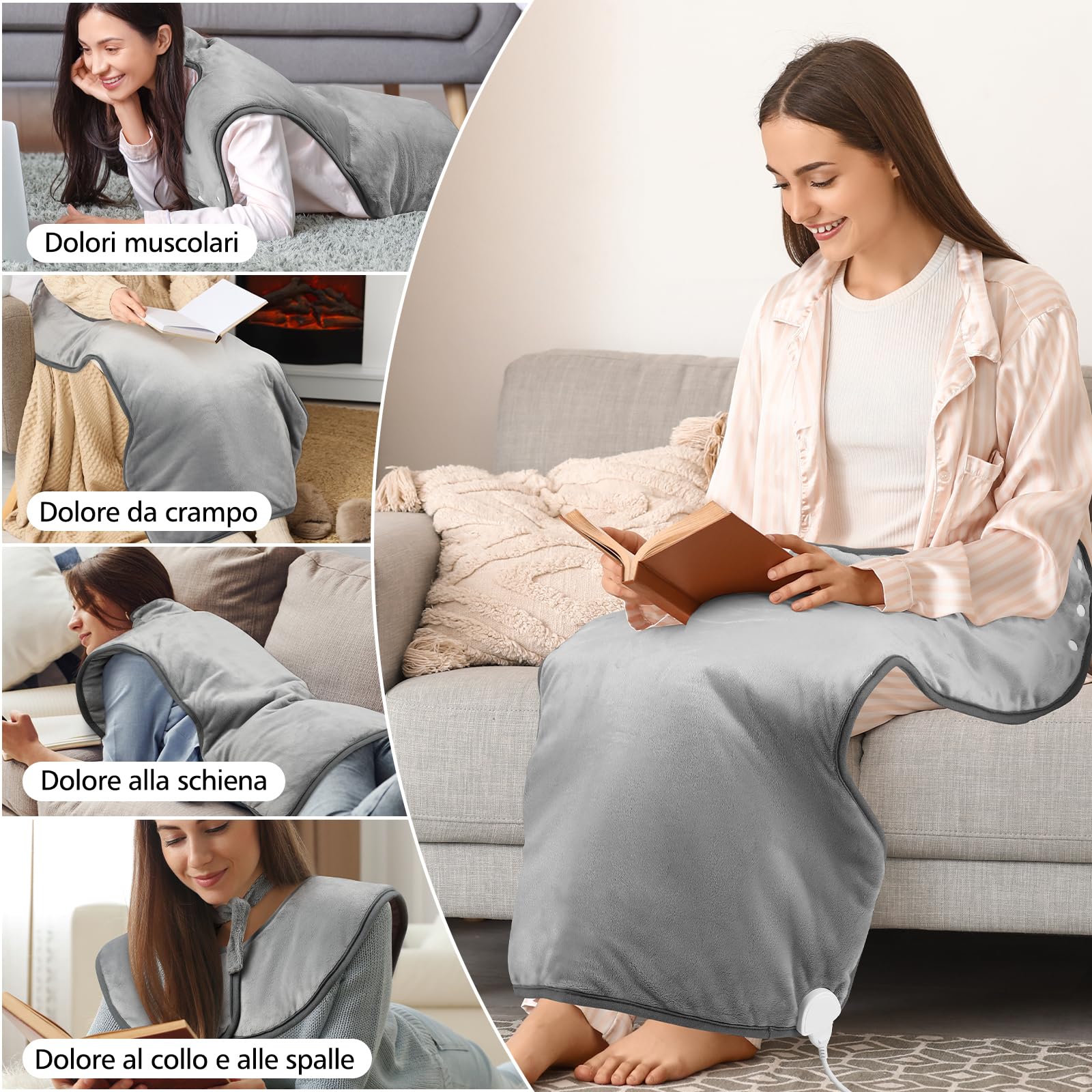 Termoforo Elettrico Cervicalee Spalle, Schiena, Cuscino Elettrico Riscaldante 61x94cm Con timer di 4 ore e 6 Livelli di Riscaldamento Spegnimento Automatico,Lavabile Termoforo Lombare Ricaricabile