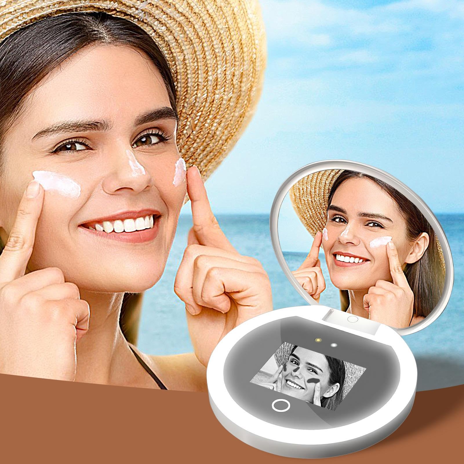 Specchio Per Trucco UV Per Crema Solare Intelligente, Specchio Per Trucco Illuminato Da Viaggio In Ingradamento 2x, Fotocamera UV Compatta Piegabile Per Test Per Protezione Solare, Lente Per Trucco