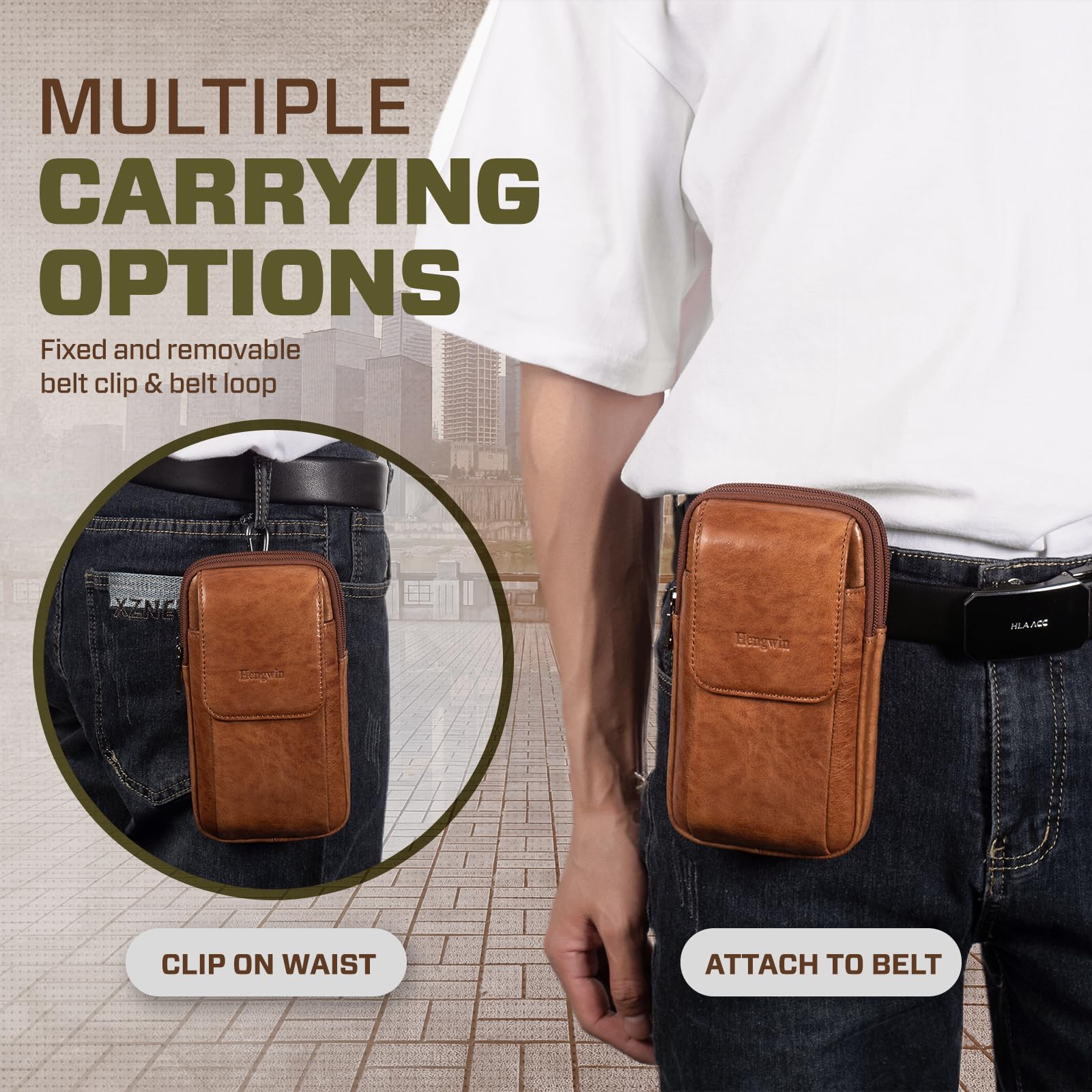 Multifunktionale Echtleder Doppel Reißverschluss Taschen Männer Vintage Look Umhängetasche Handy Gürtel Tasche Telefon Holster für Reisen, Outdoor Aktivitäten