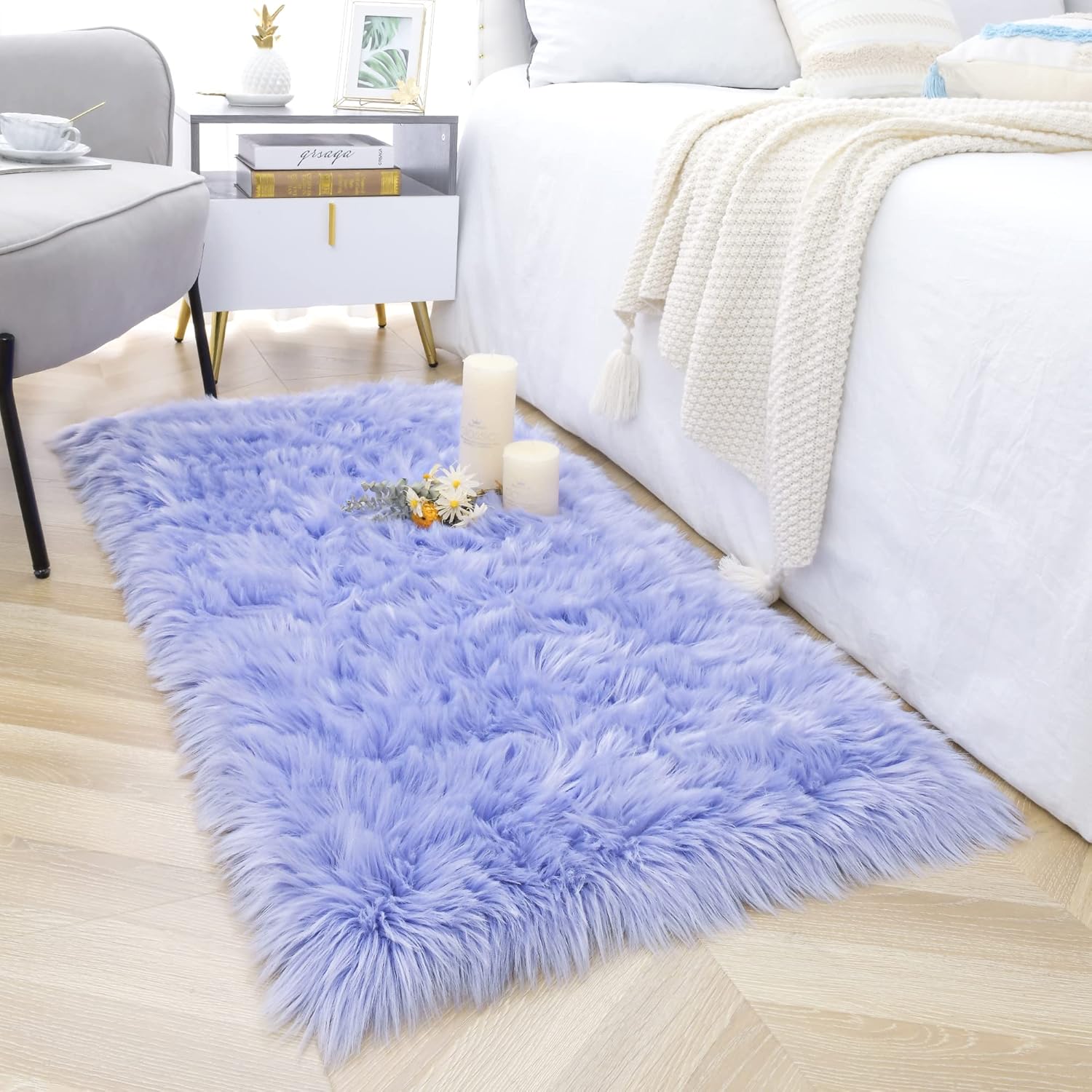 Noahas 3 x 5 White Faux Sheepskin Rug,Luxury Fluffy Faux Fur Rugs for Bedroom,Washable Area Rugs,Bedroom Rug,Furry Carpet Shag Rug,Soft Throw Rugs for Living Room Decor