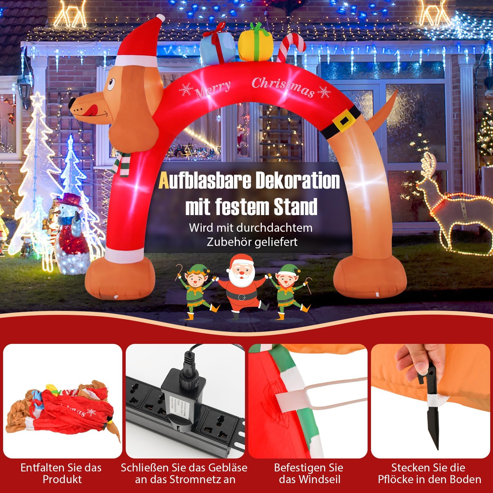 COSTWAY aufblasbarer Weihnachtsbogen Dackel, 242cm Weihnachtsdekoration mit LED & Tragetasche, Weihnachtsdeko groß Outdoor, Weihnachtsbeleuchtung für Garten, Hof, Terrasse, selbstaufblasend