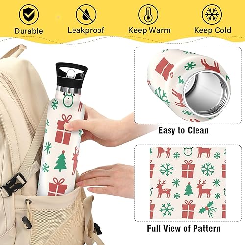 Miniatura 4 de Botella de agua deportiva ligera de acebo de reno rojo y verde con asa, aislamiento al vacío de doble pared para deportes, viajes y escuela,