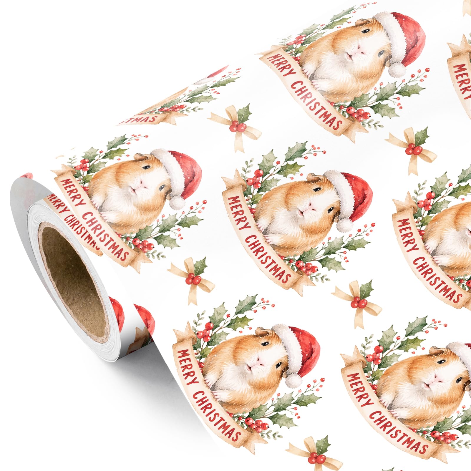 RUSPEPA Guinea Pig Christmas Wrapping Paper Roll - Mini Roll - 43.2cm x 5m - Santa Hat Guinea Pig Wrapping Paper for Christmas Holiday, Kids Present, Winter Season