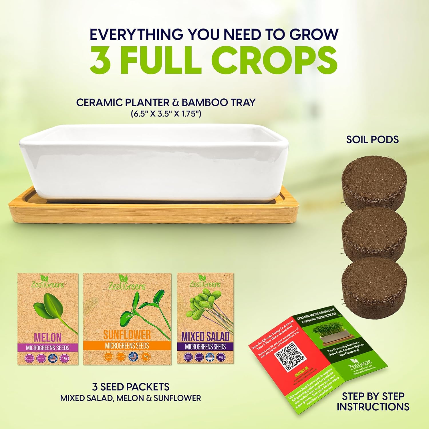 ZESTIGREENS Ceramic Microgreens Growing Kit to Grow 3 Crops Including Organic USDA Sunflower, Melon & Mixed Microgreens Seeds.