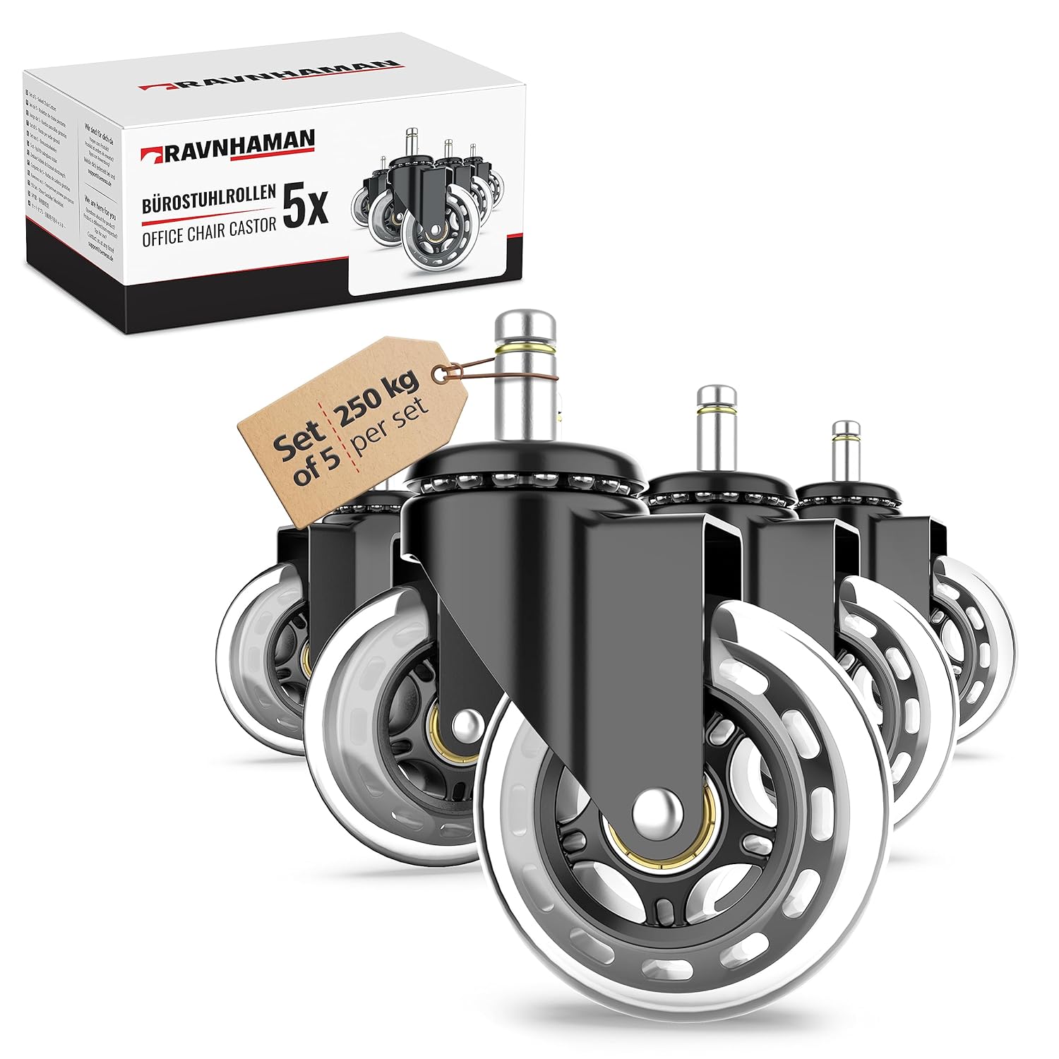 RAVN HAMAN Set of 5 Office chair wheels 10 mm x 22 mm Hard floor