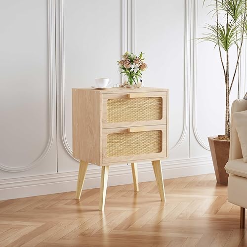 Miniatura 2 de Mesita de noche de ratán, mesita de noche bohemia con almacenamiento, mesa auxiliar, mesa auxiliar con 2 cajones decorados de ratán hechos a mano