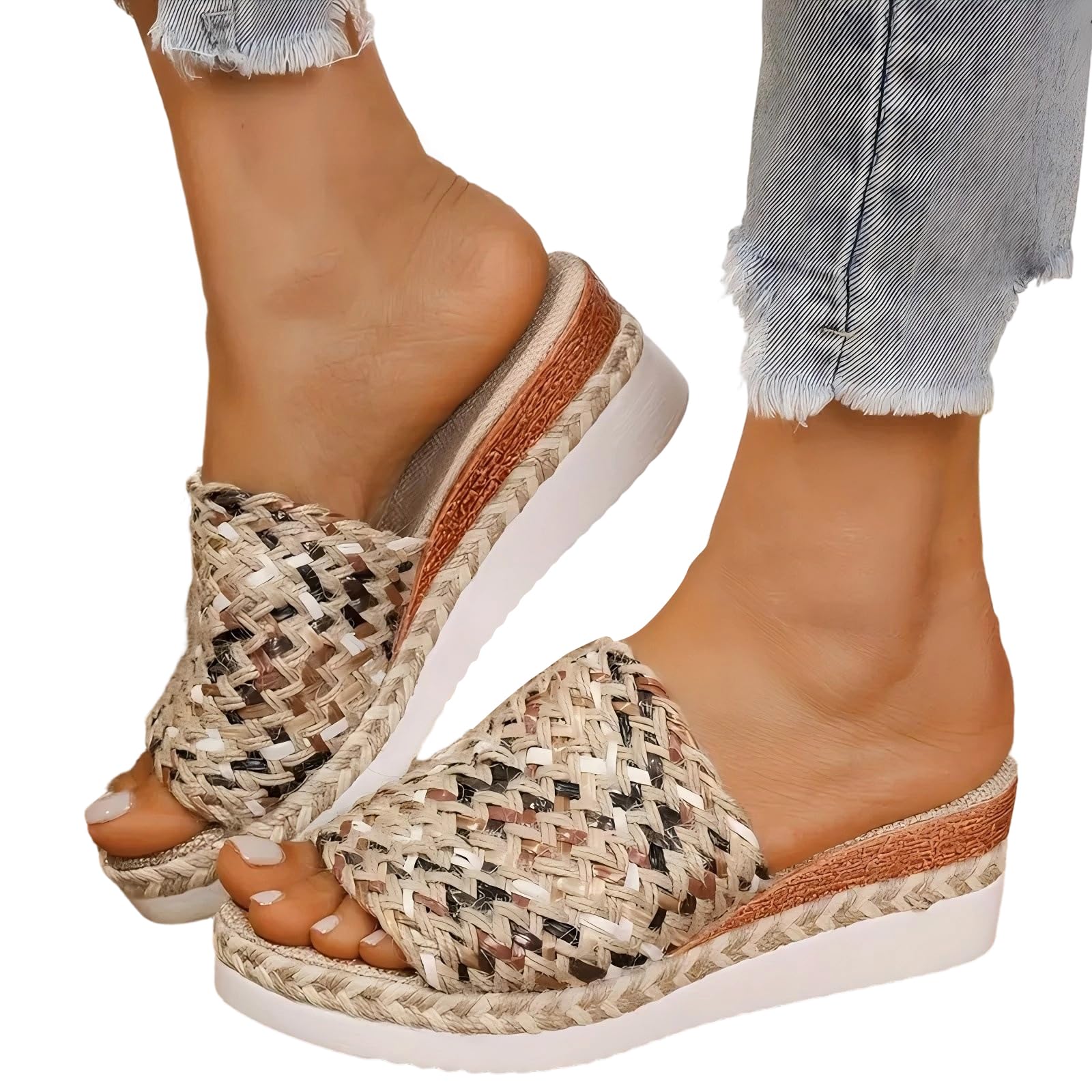 Pantofole Donna Estive Sandali con Zeppa in Tessuto e Suola Antiscivolo Design Semplice Fascia Larga Tomaia Traspirante per Uso Quotidiano