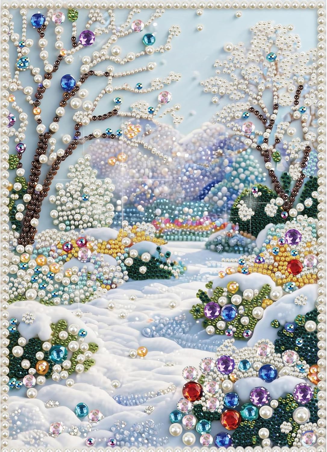 MVVMTOP Pearl Diamond Painting Kits for Adults Beginners, 5D DIY Winter Scenery Diamond Art with Half Round Pearl Drills and Crystal Rhinestones, Sparkling Diamond Dots Craft for Home Wall Decor