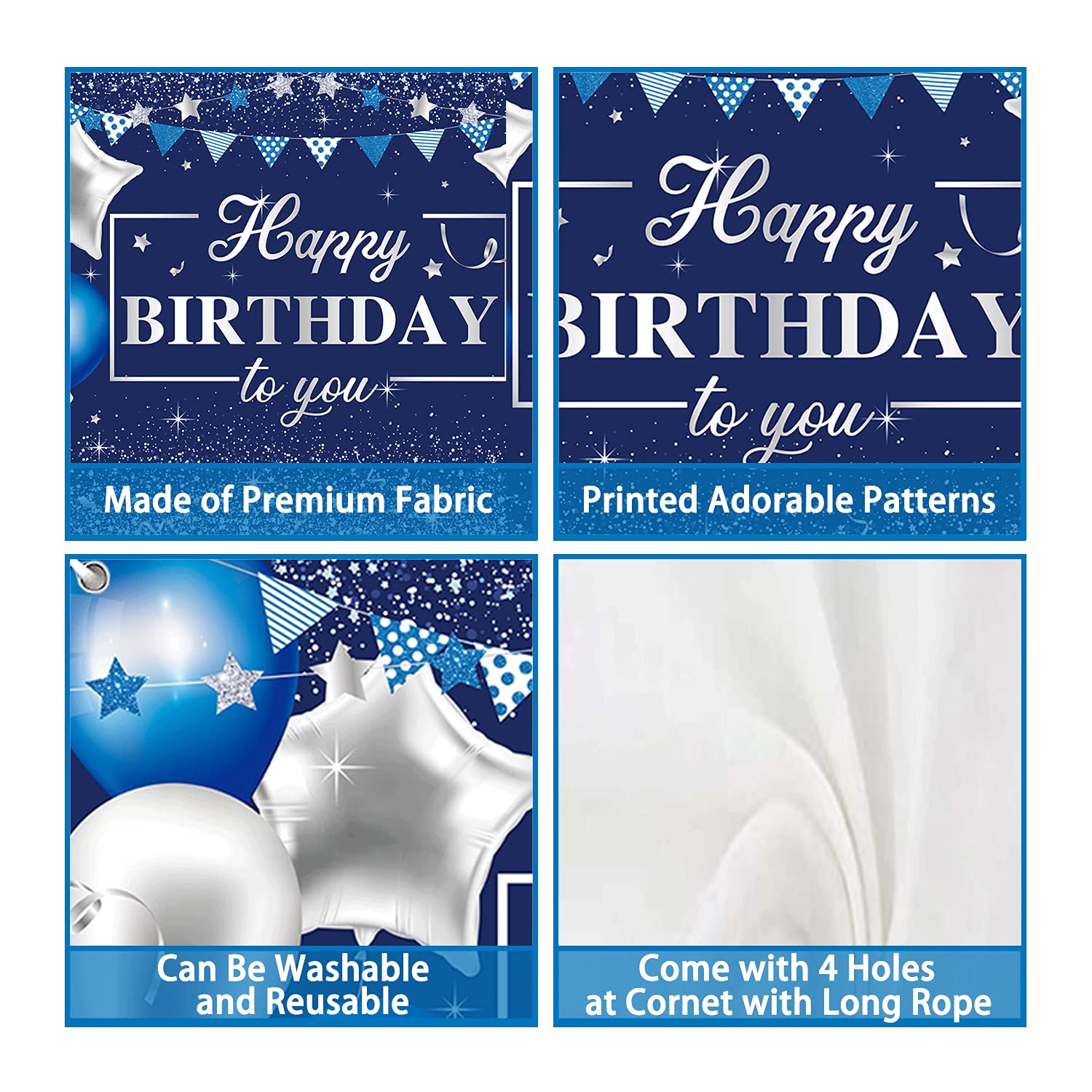 Happy Birthday Banner – Marineblau/silber, 185x110 Cm, Für Partys Und Fotohintergrund