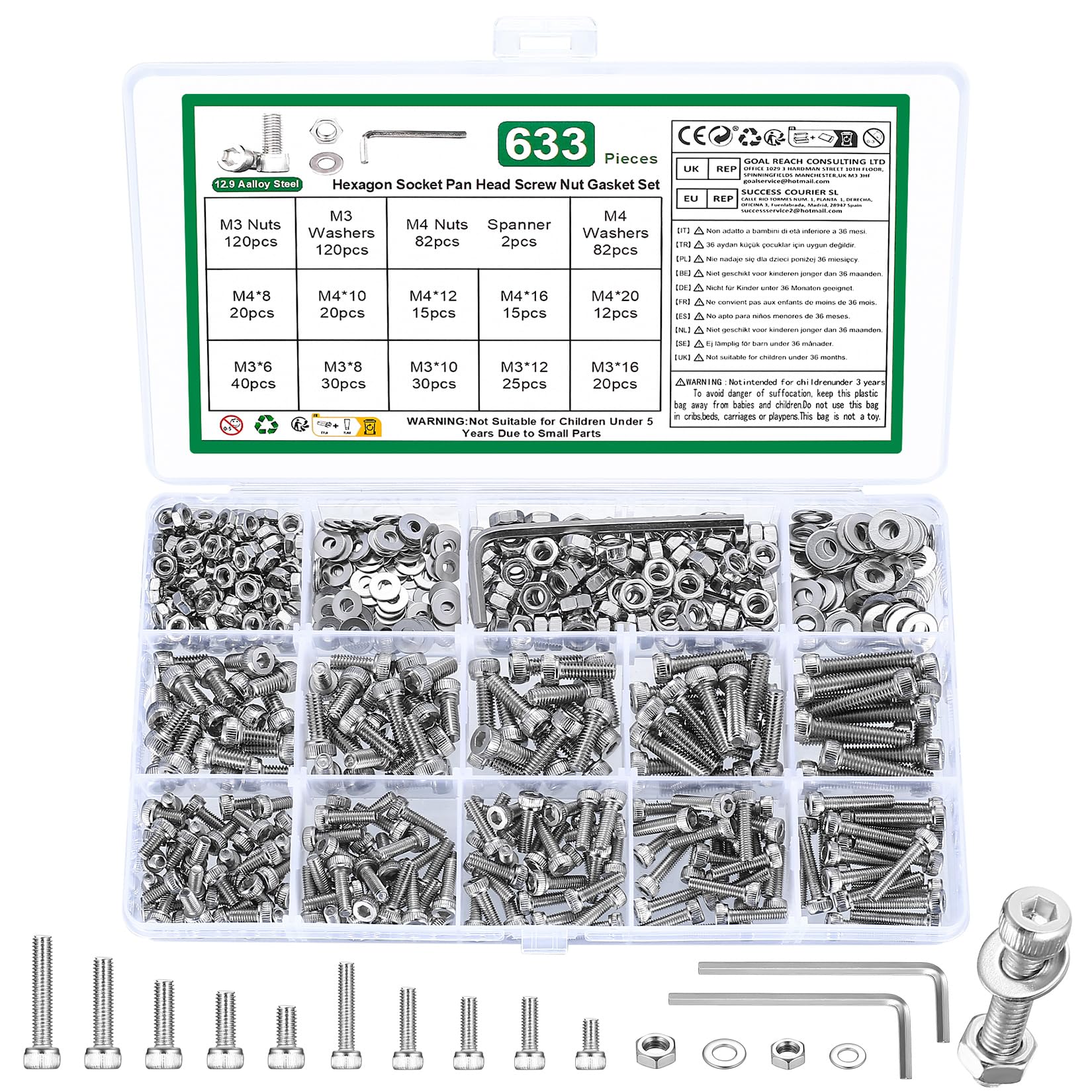 633 Pcs M3 M4 Nuts and Bolts Set, Hex Socket Head Cap Screws Bolt and Nut, Assorted bolts and nuts and Washers Assortment